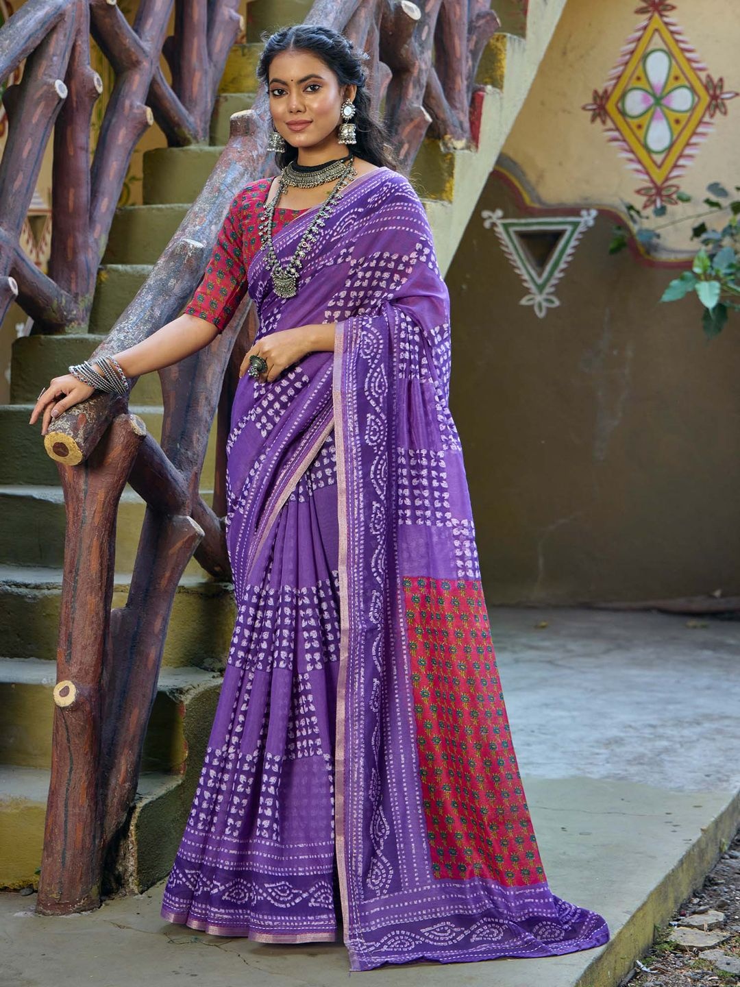 

KALINI Ethnic Motifs Printed Block Print Saree, Purple