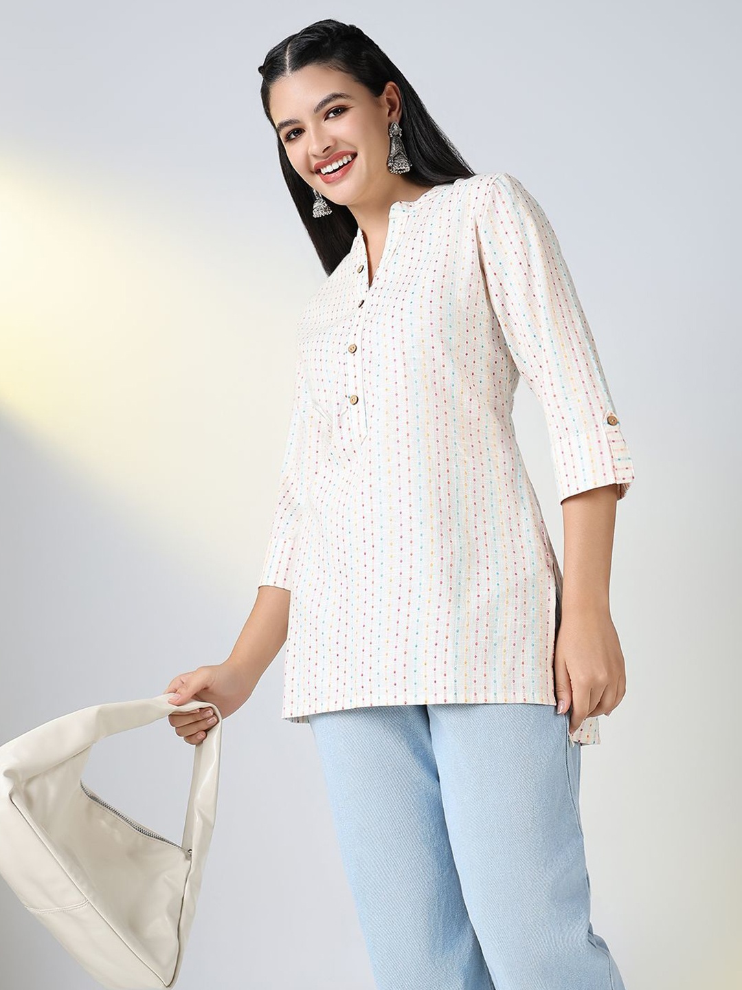 

SHOWOFF Polka Dot Woven Design Kurti, Off white