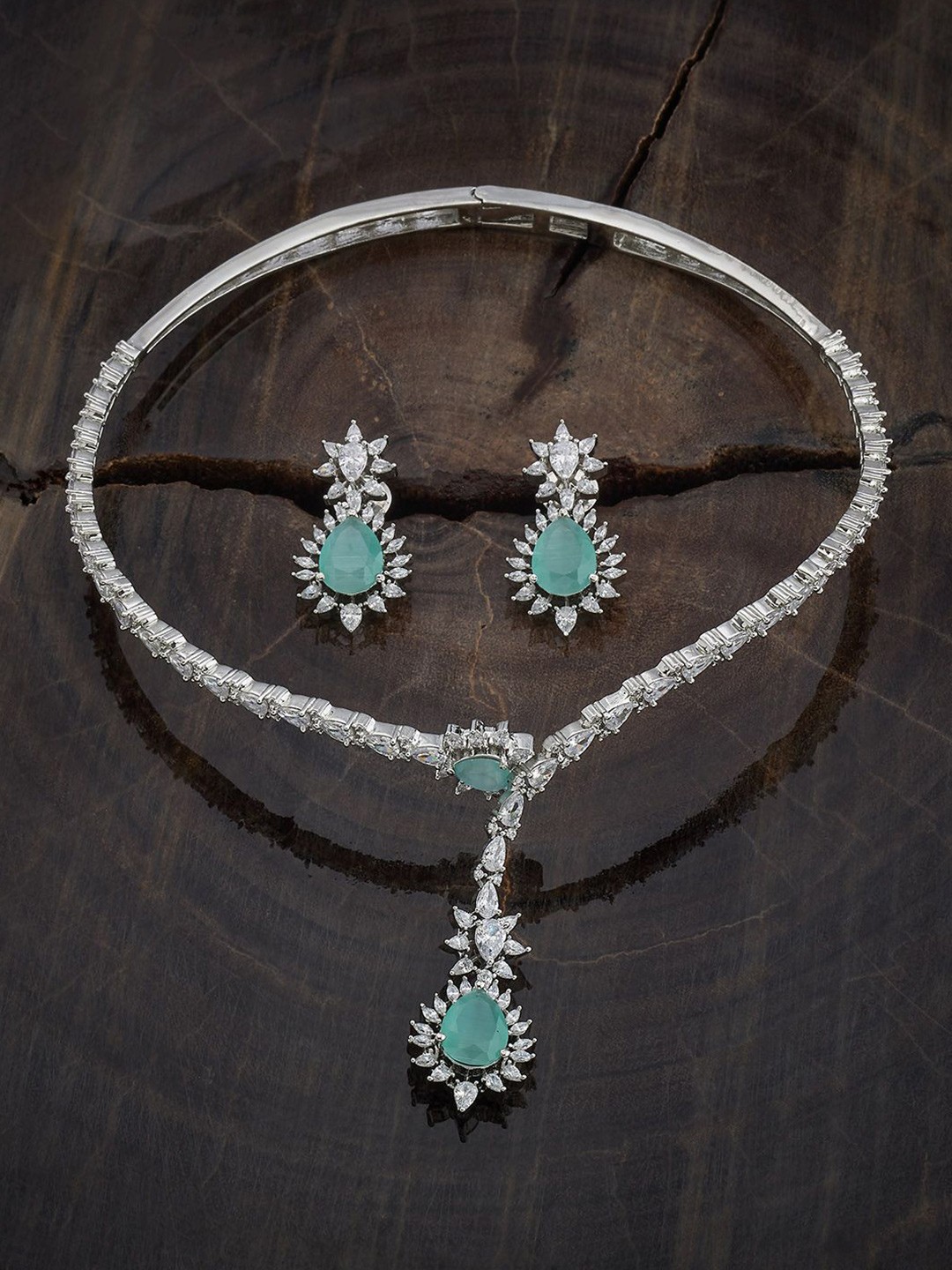 

Kushal's Fashion Jewellery Rhodium-Plated Cubic Zirconia-Studded Necklace & Earrings, Silver