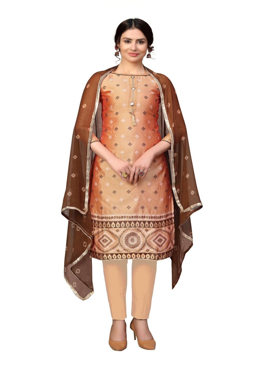 

HERE&NOW Bandhani Printed Banarasi Jacquard Unstitched Dress Material, Peach