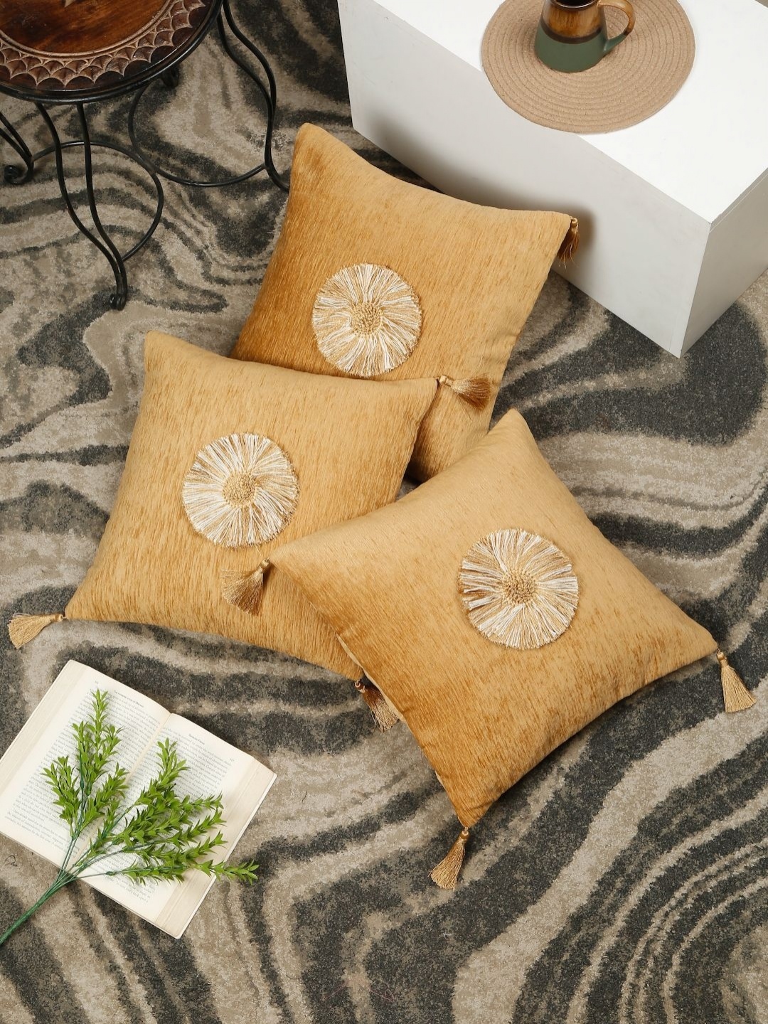 

SOKNACK Camel Brown & White 3 Pieces Embroidered Velvet Square Tasselled Cushion Covers