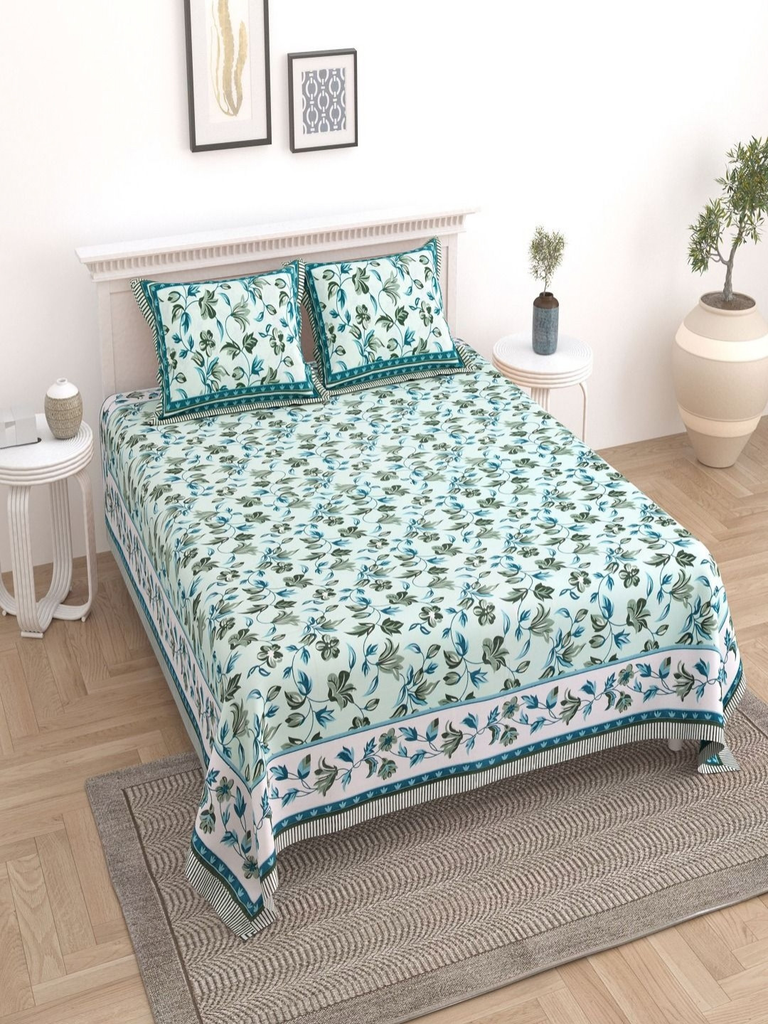 

Myntra Elegant Homes Blue Printed 180 TC Pure Cotton King Bedsheet Set 2.74 m x 2.54m