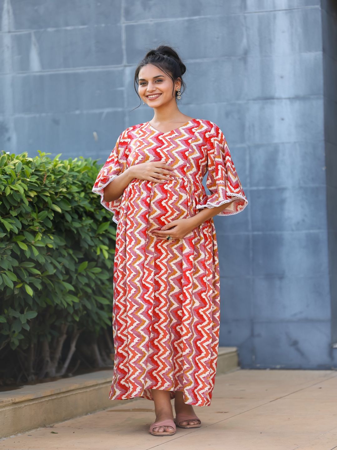 

SWEET MOON Chevron Printed Maternity Fit and Flare Maxi Dress, Red