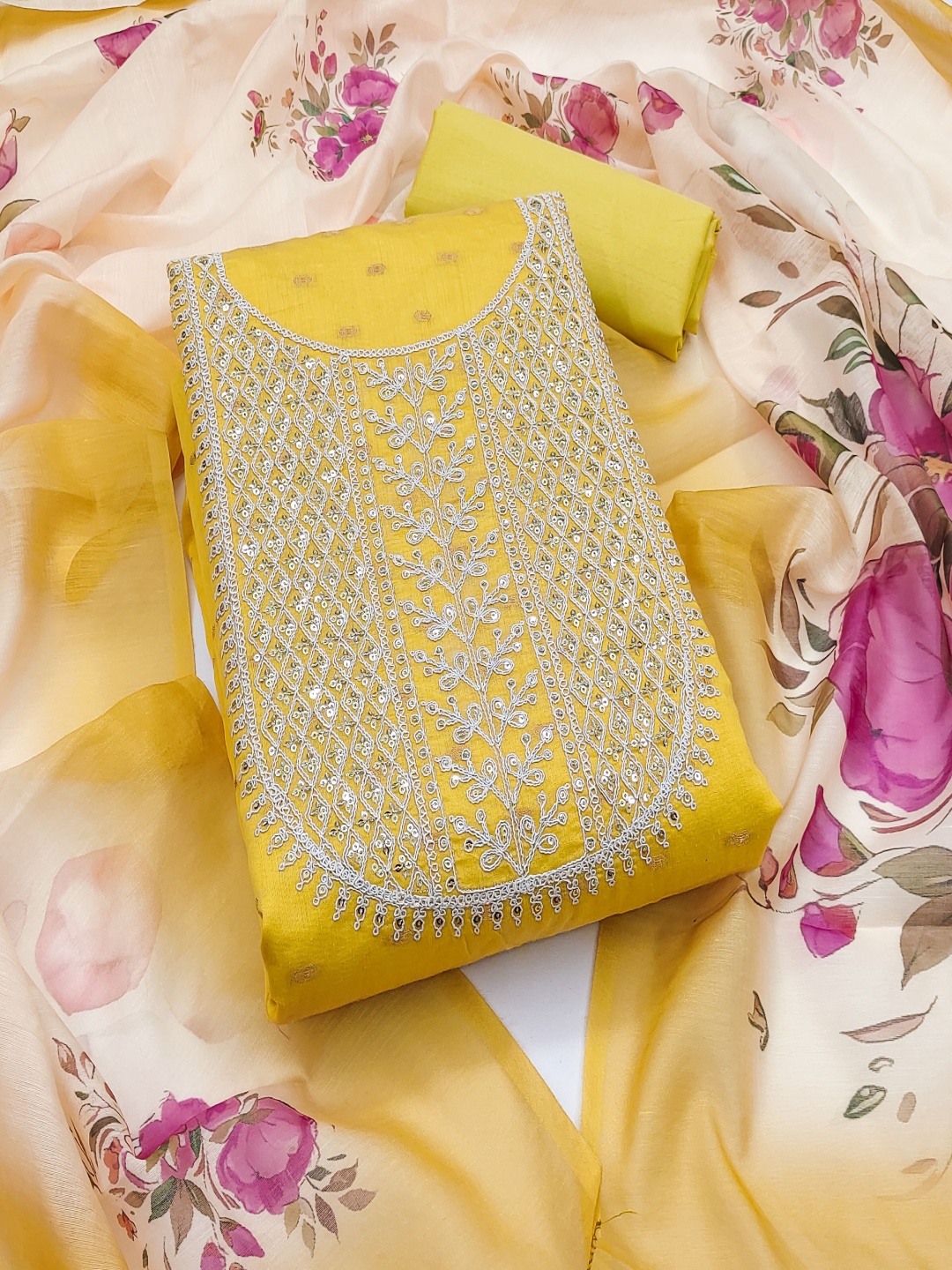 

HERE&NOW Floral Embellished Sequinned Chanderi Cotton Unstitched Dress Material, Yellow