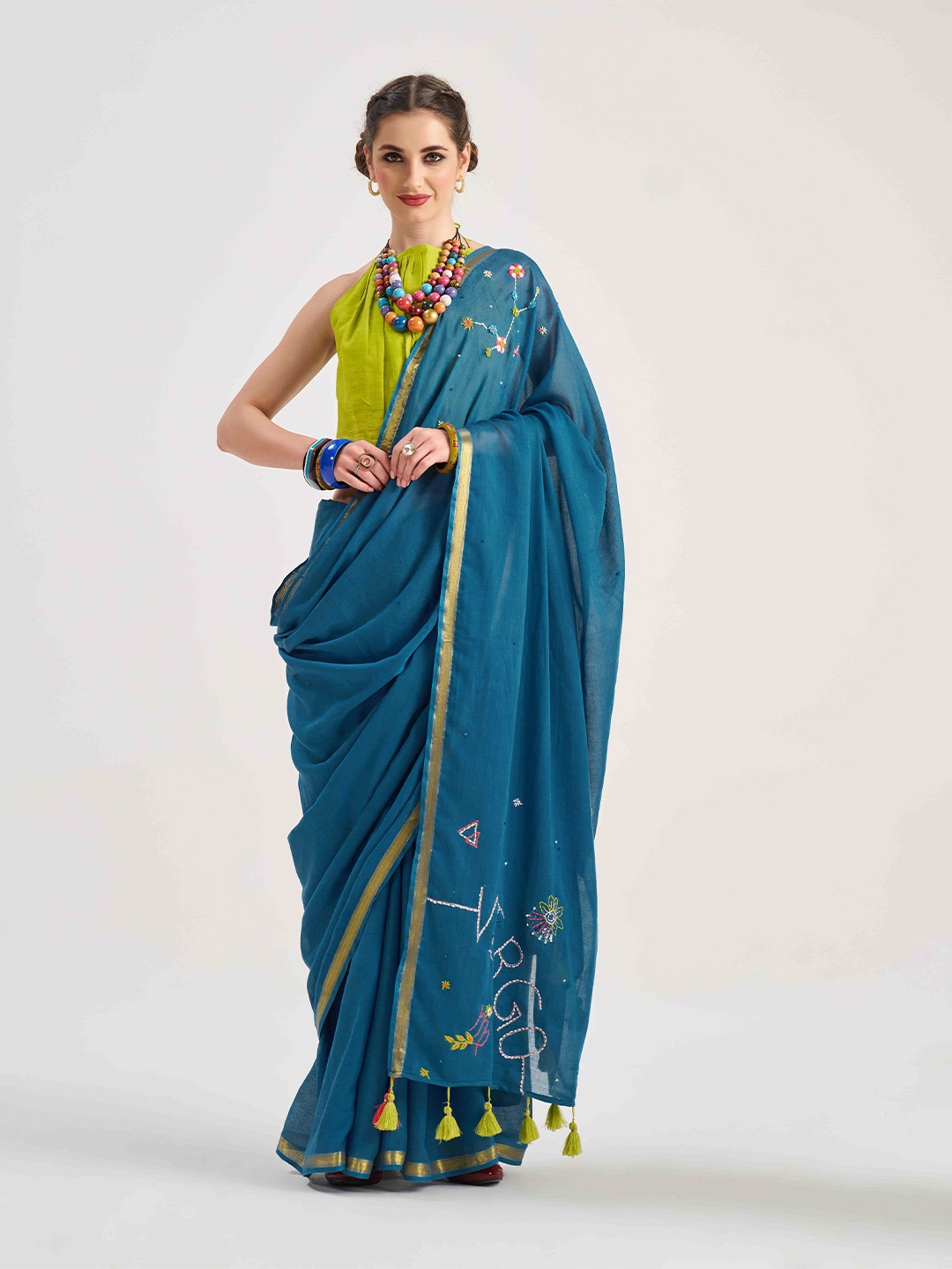 

PEENGAX Floral Zari Pure Georgette Chanderi Saree, Blue