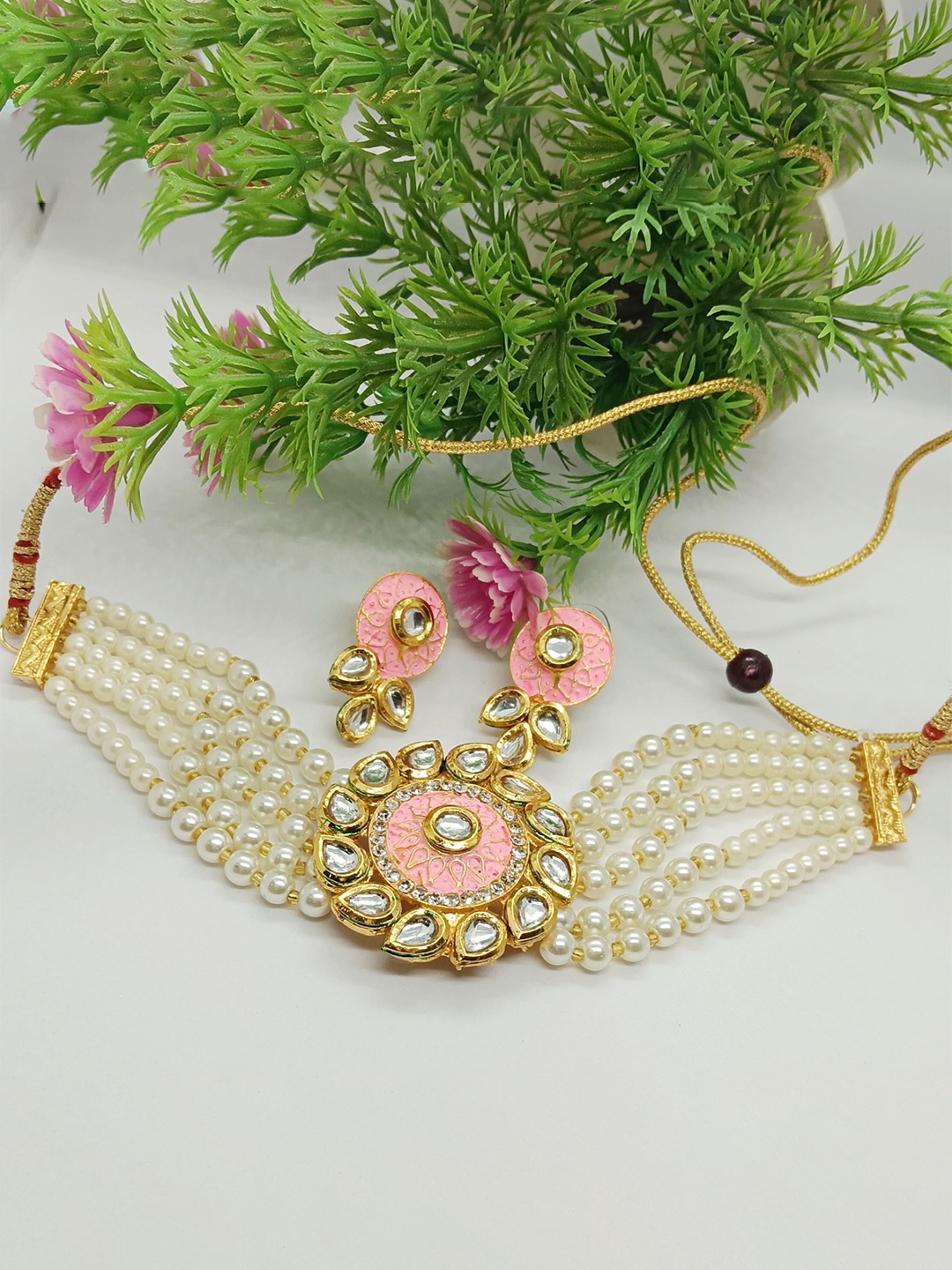 

EVY Gold-Plated Polki Kundan & Pearls Studded And Beaded Choker Necklace With Earrings, Pink