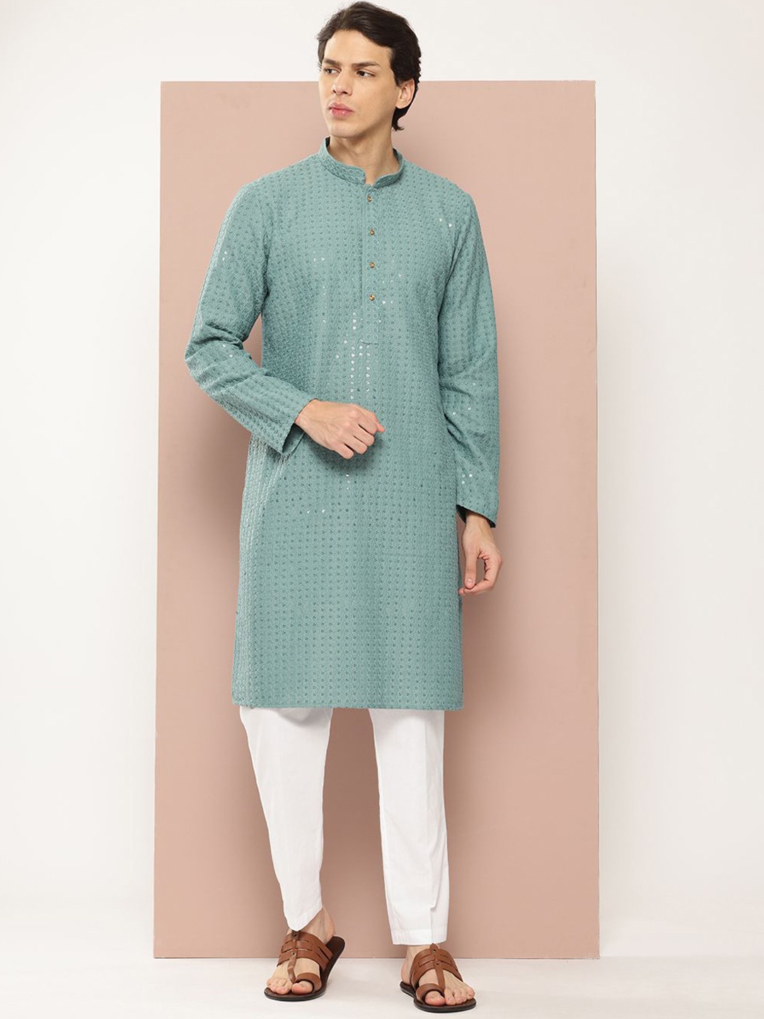 

See Designs Woven Design Embroidered Mandarin Collar Straight Kurta, Turquoise blue