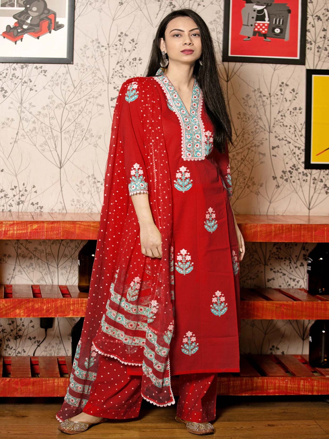 

DIVASTRI Floral Embroidered Sequinned Straight Kurta With Palazzos & Dupatta, Red
