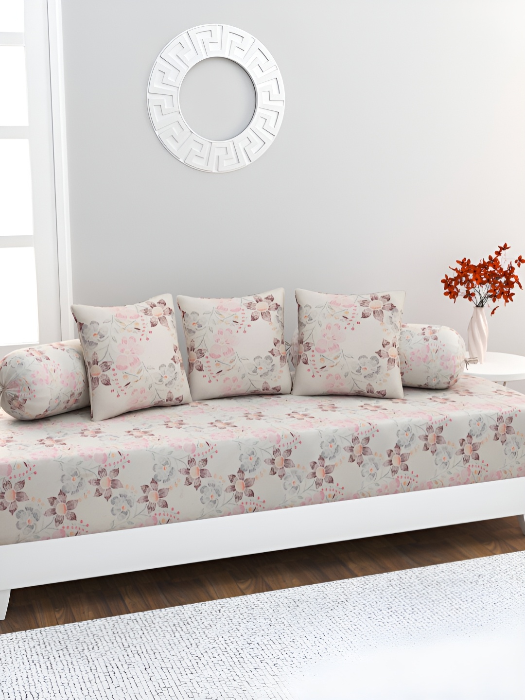 

HOME AFFAIRS Beige & Pink 6 Pieces Printed Cotton 160 TC Single Diwan Set