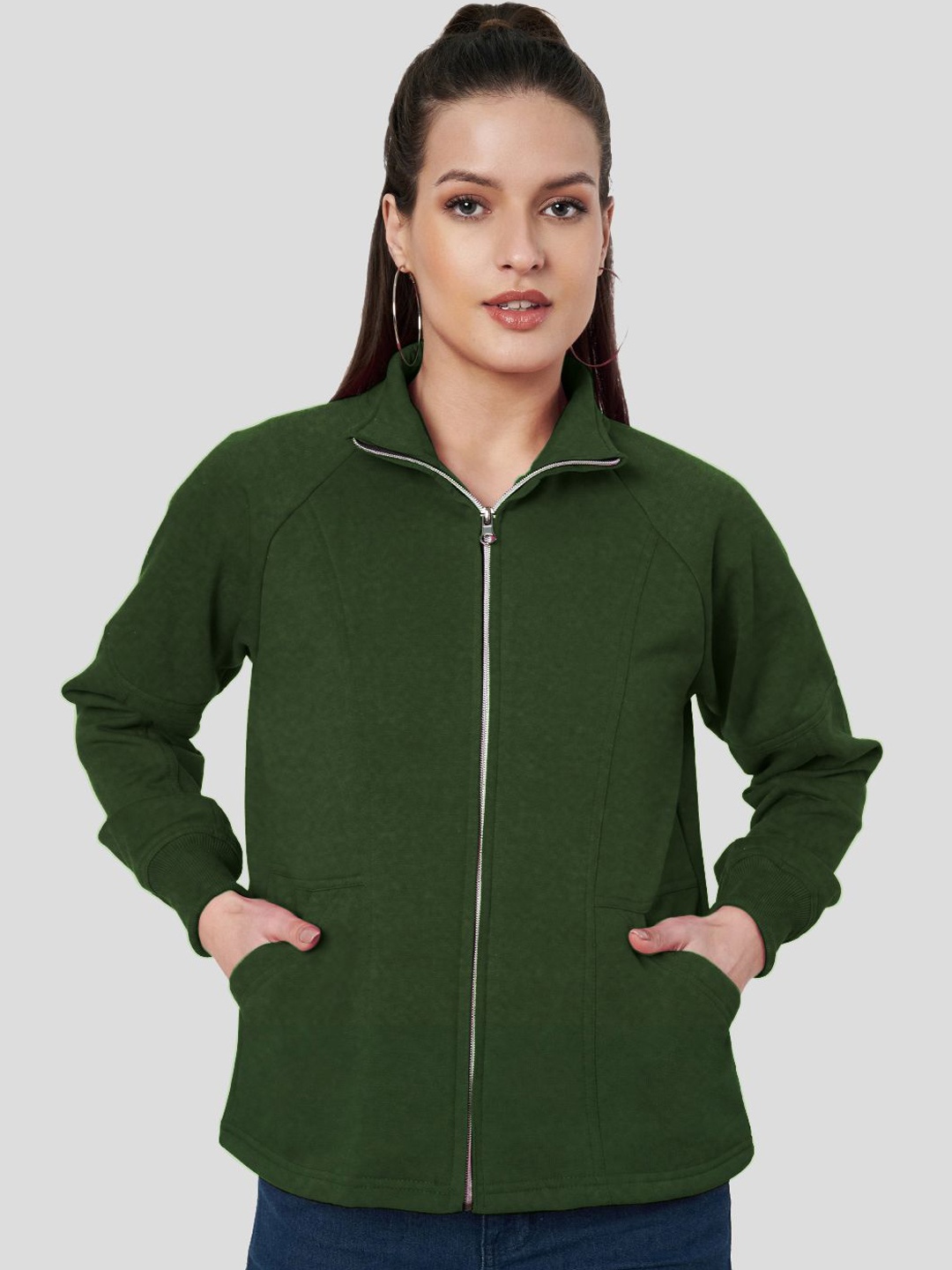 

BRINNS Women Mock Collar Solid Fleece Casual Bomber Jacket, Green