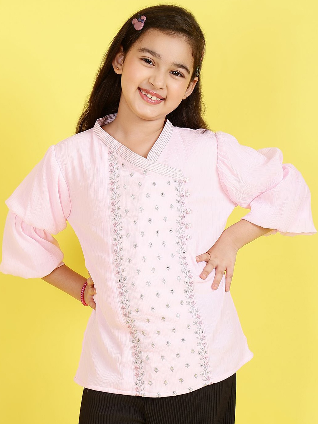 

Ishti Girls Floral Embroidered Bell Sleeve Georgette Top, Pink