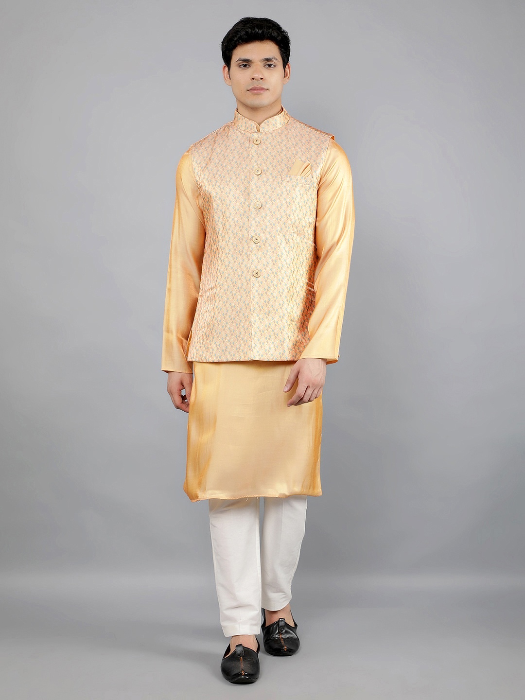 

Manish Creations Mandarin Collar Straight Kurta With Churidar And Nehru Jacket, Orange