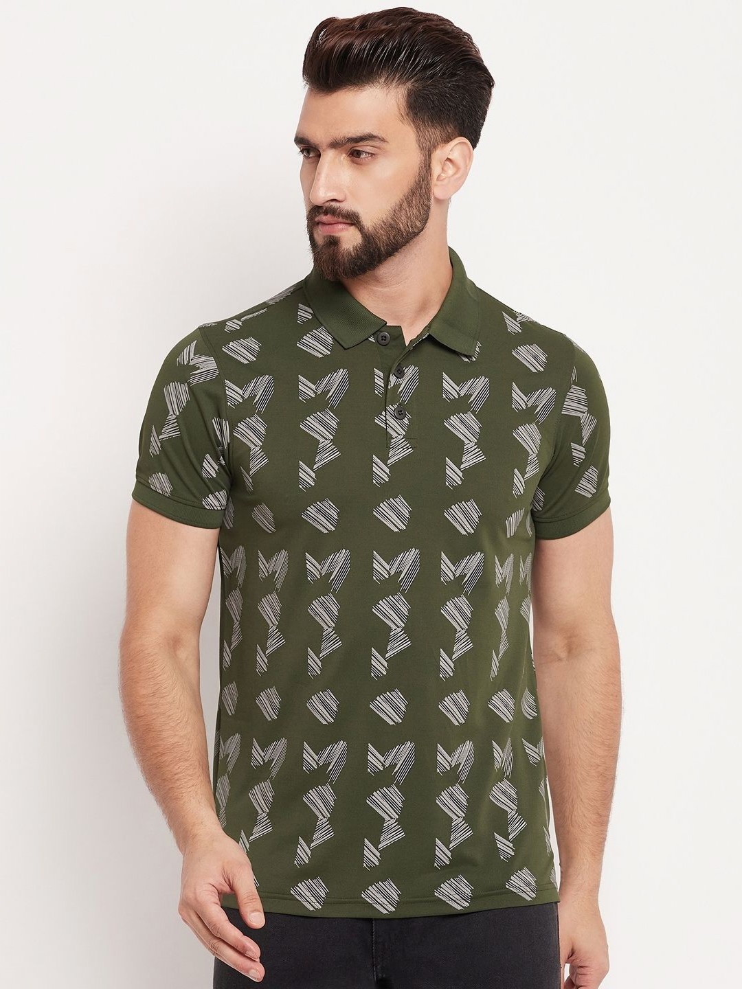

AUXAMIS Men Printed Polo Collar Pockets T-shirt, Olive