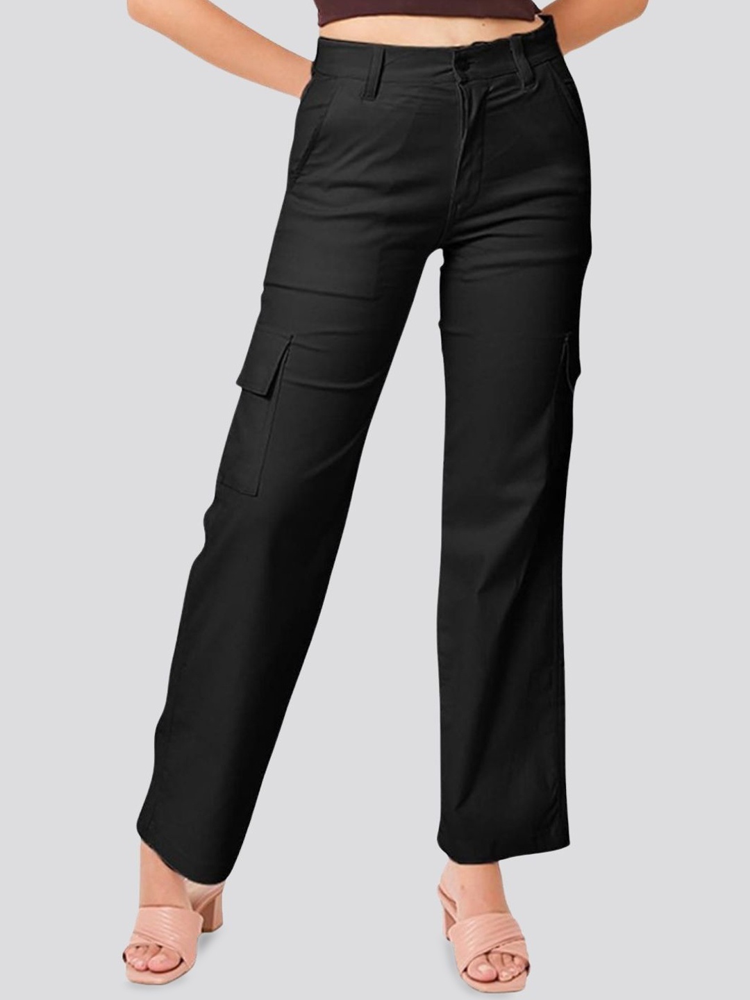 

Sizi Women Straight Fit High-Rise Stretchable Cargo Jeans, Black