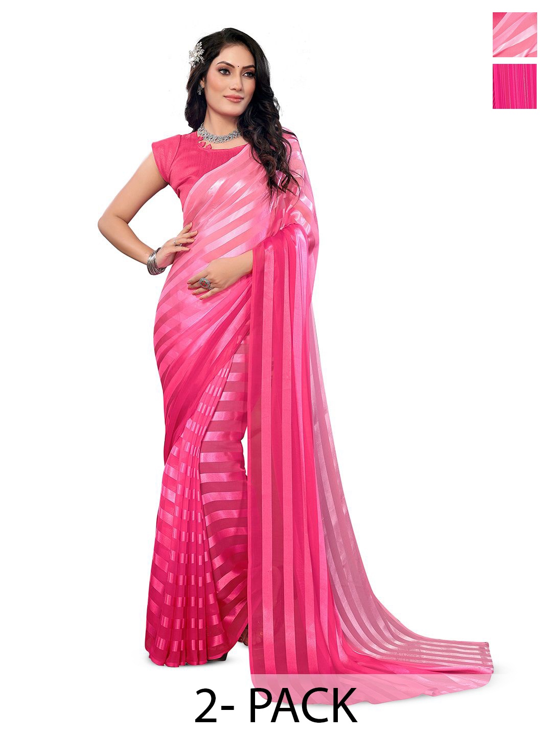 

Moda Rapido Pack Of 2 Striped Satin Saree, Pink