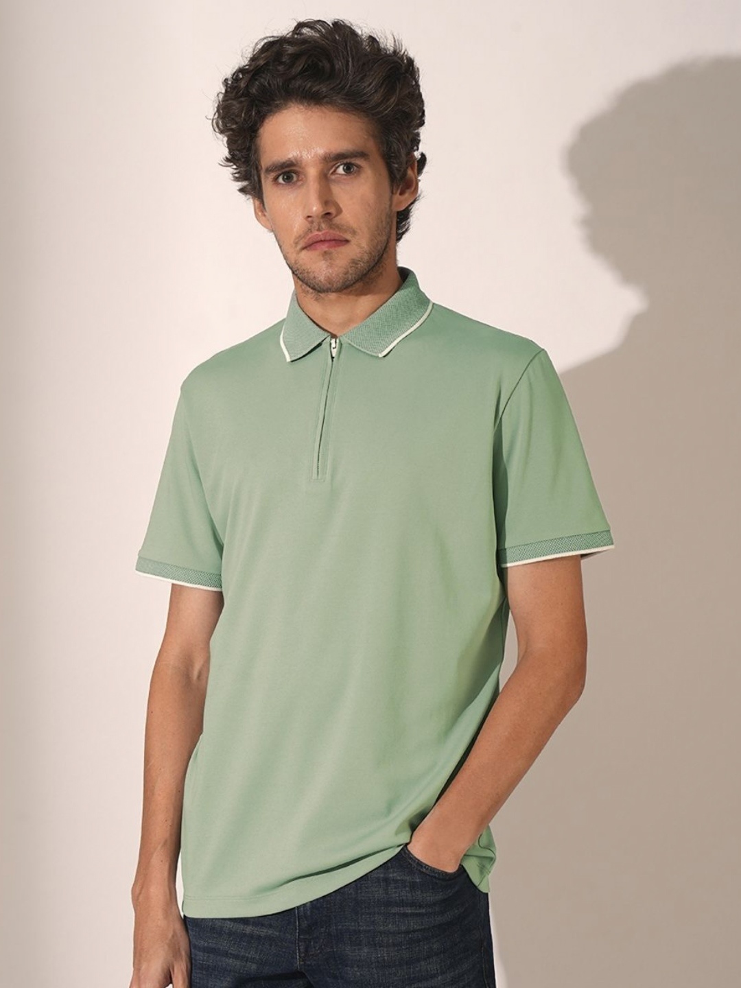 

SELECTED Men Solid Polo Collar Cotton T-shirt, Green