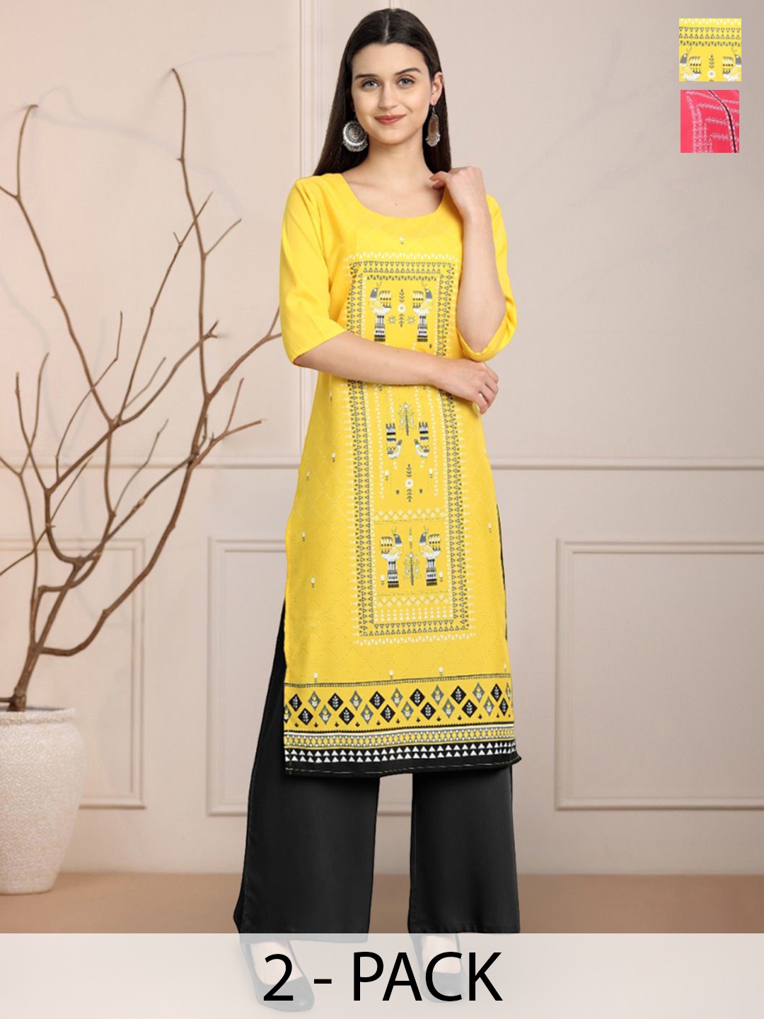 

Moda Rapido Yellow & Pink Selection Of 2 Ethnic Motifs Printed Straight Kurtas