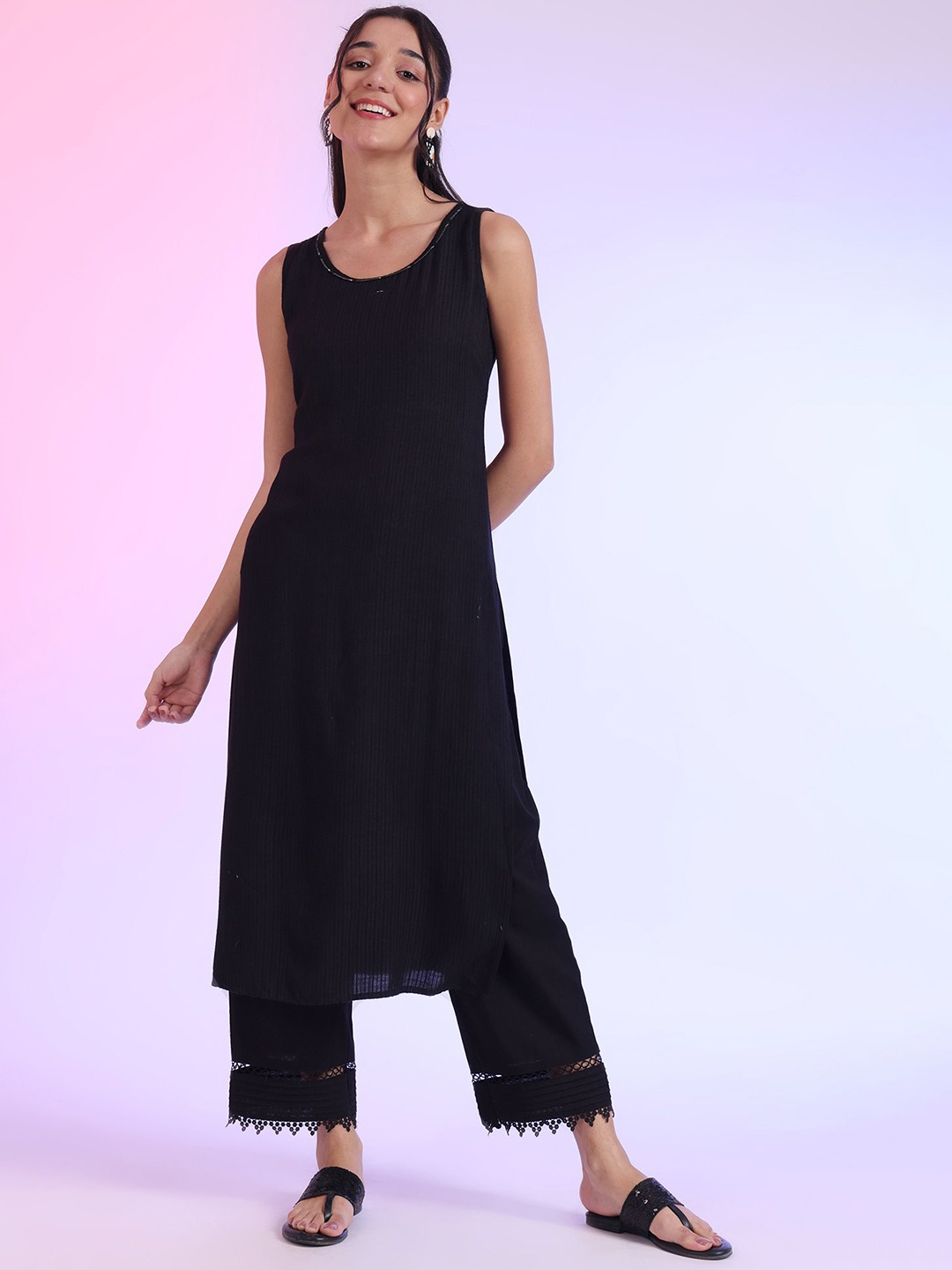

AURELIA Striped Woven Design Round Neck Straight Kurta, Black