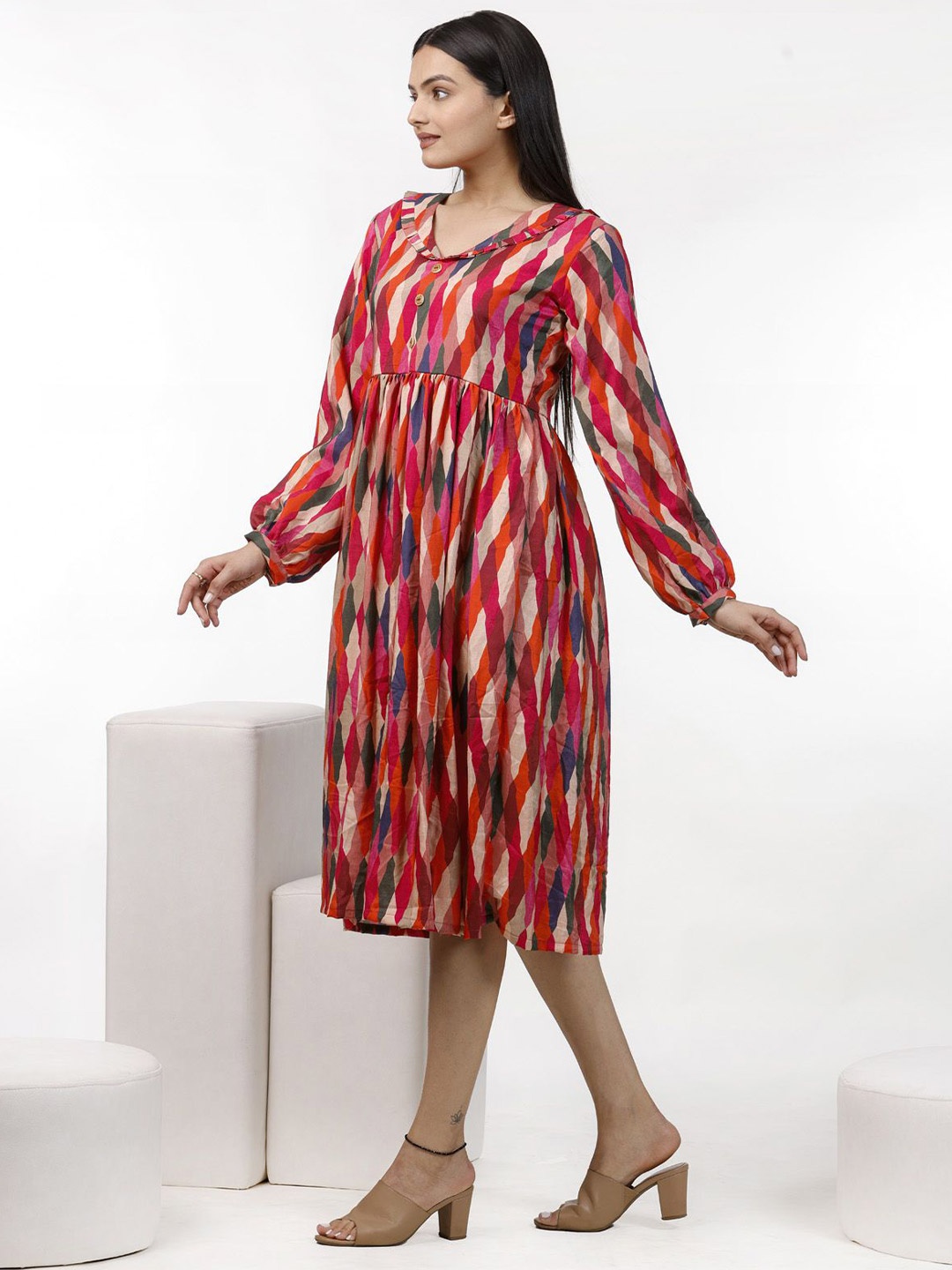 

aaRVee STUDIO Women Printed Puff Sleeves A-Line Midi Dress, Red