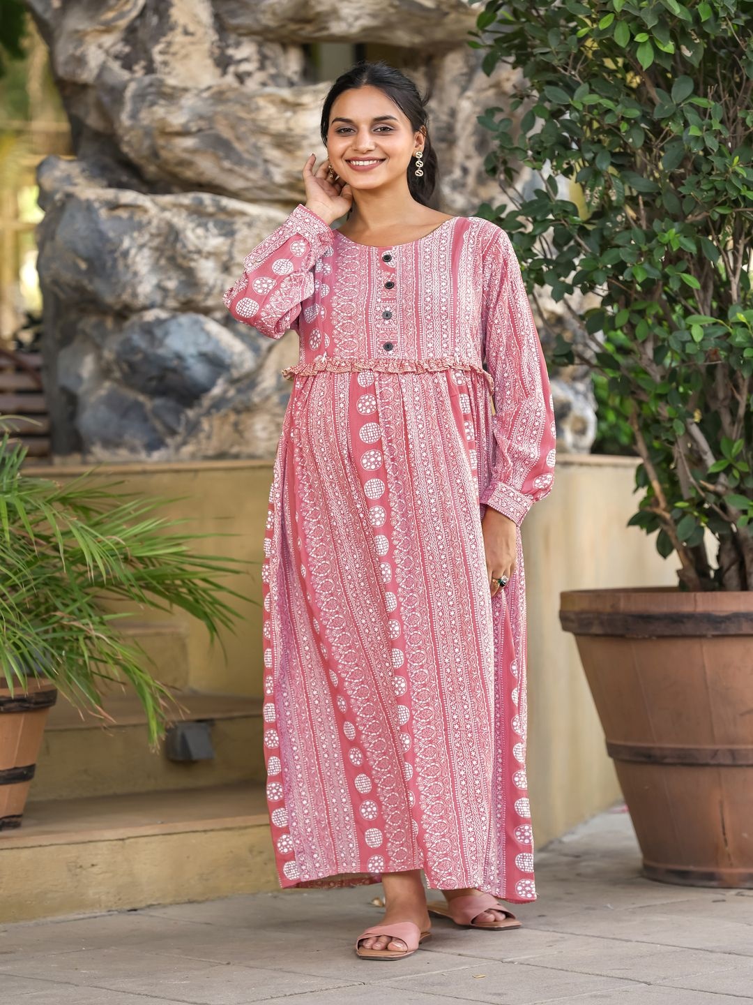 

SWEET MOON Geometric Printed Round Neck Fit and Flare Maternity Maxi Dress, Pink