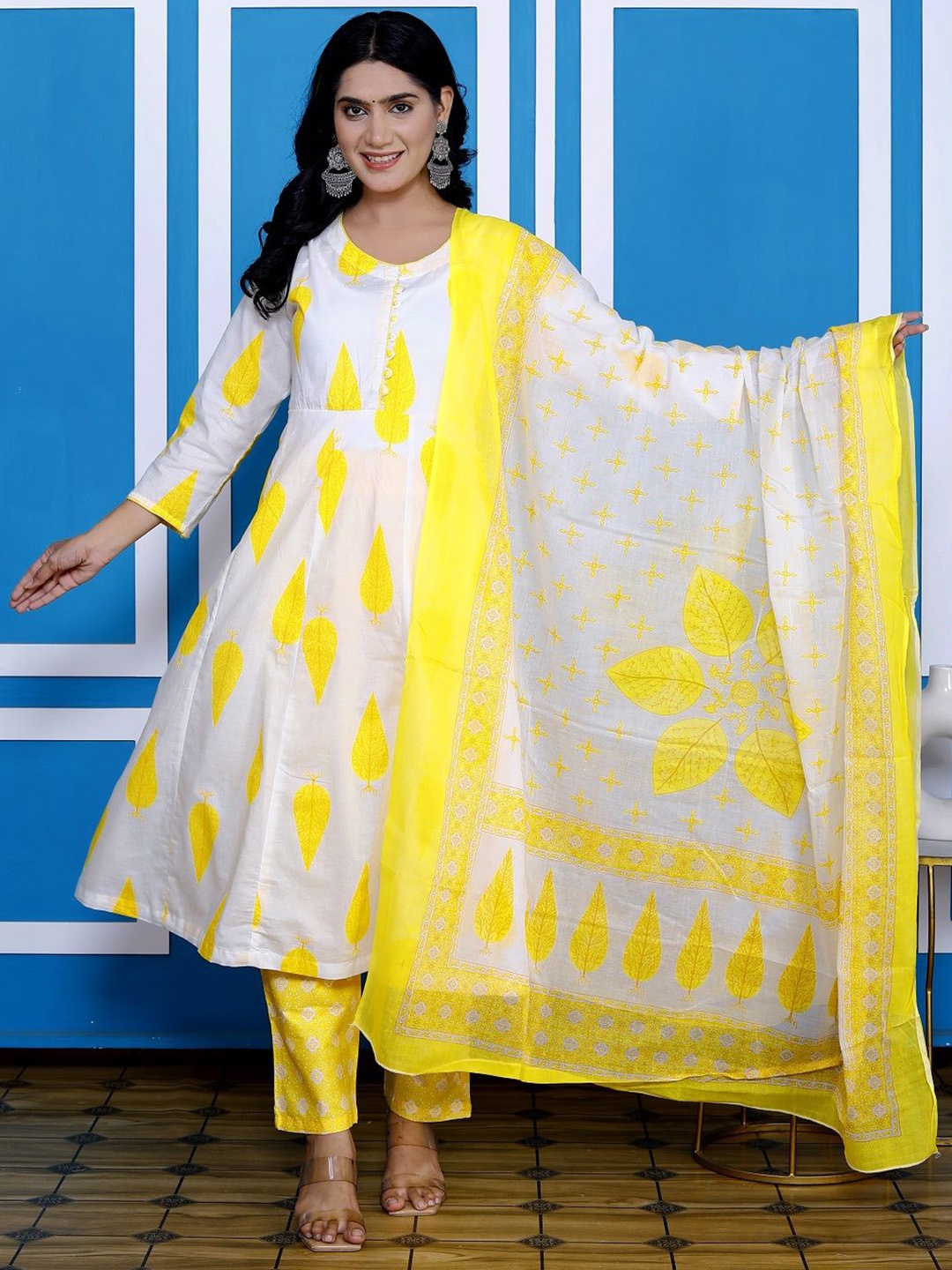 

KALINI Floral Printed Pure Cotton Anarkali Kurta With Trousers And Dupatta, Yellow