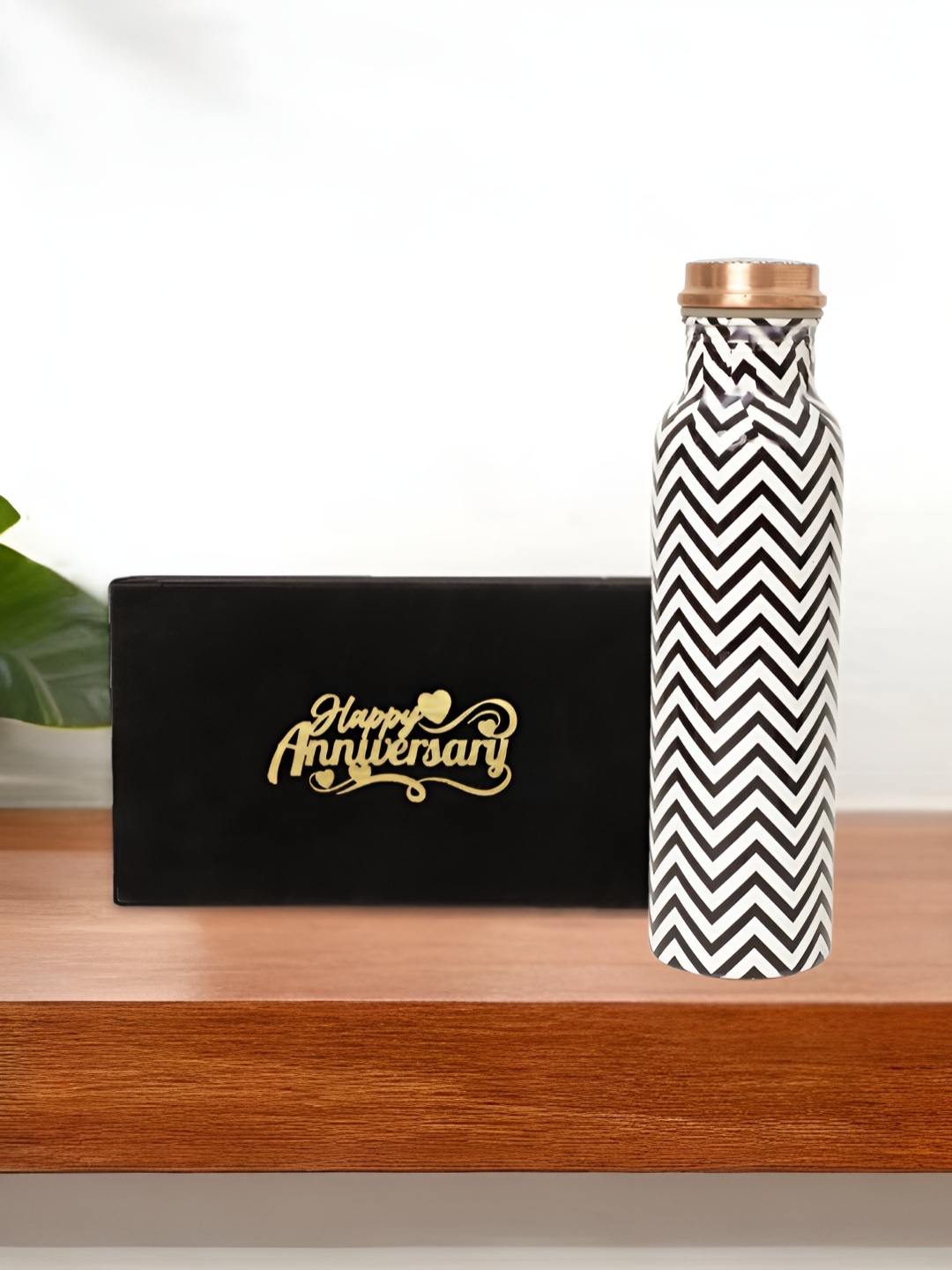 

INTERNATIONAL GIFT White Pure Copper Chevron Printed 950 Ml Water Bottle with Velvet Box