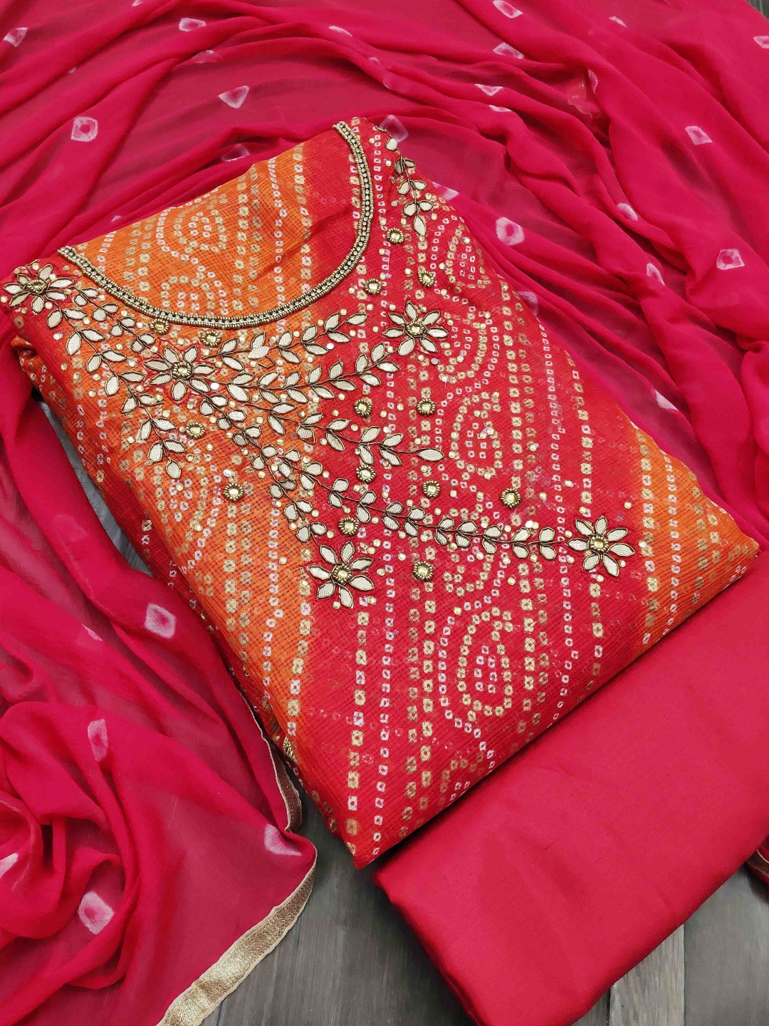 

HERE&NOW Bandhani Printed Beads And Stones Unstitched Dress Material, Red