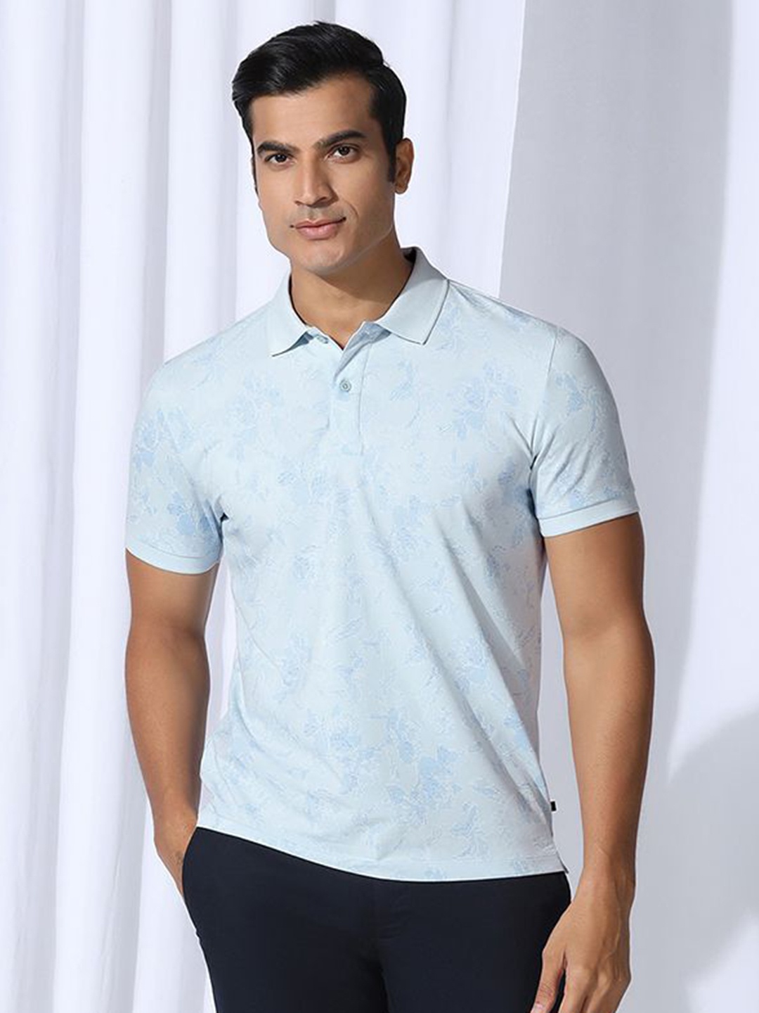 

Blackberrys Men Abstract Printed Polo Collar Cotton Slim Fit T-shirt, Blue
