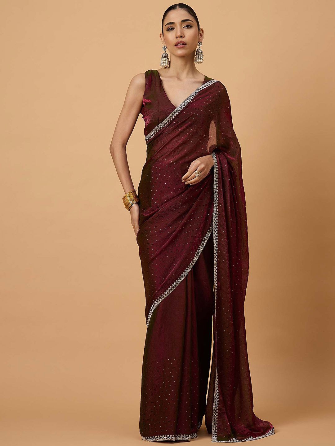 

all about you Embellished Beads and Stones Pure Chiffon Saree, Maroon