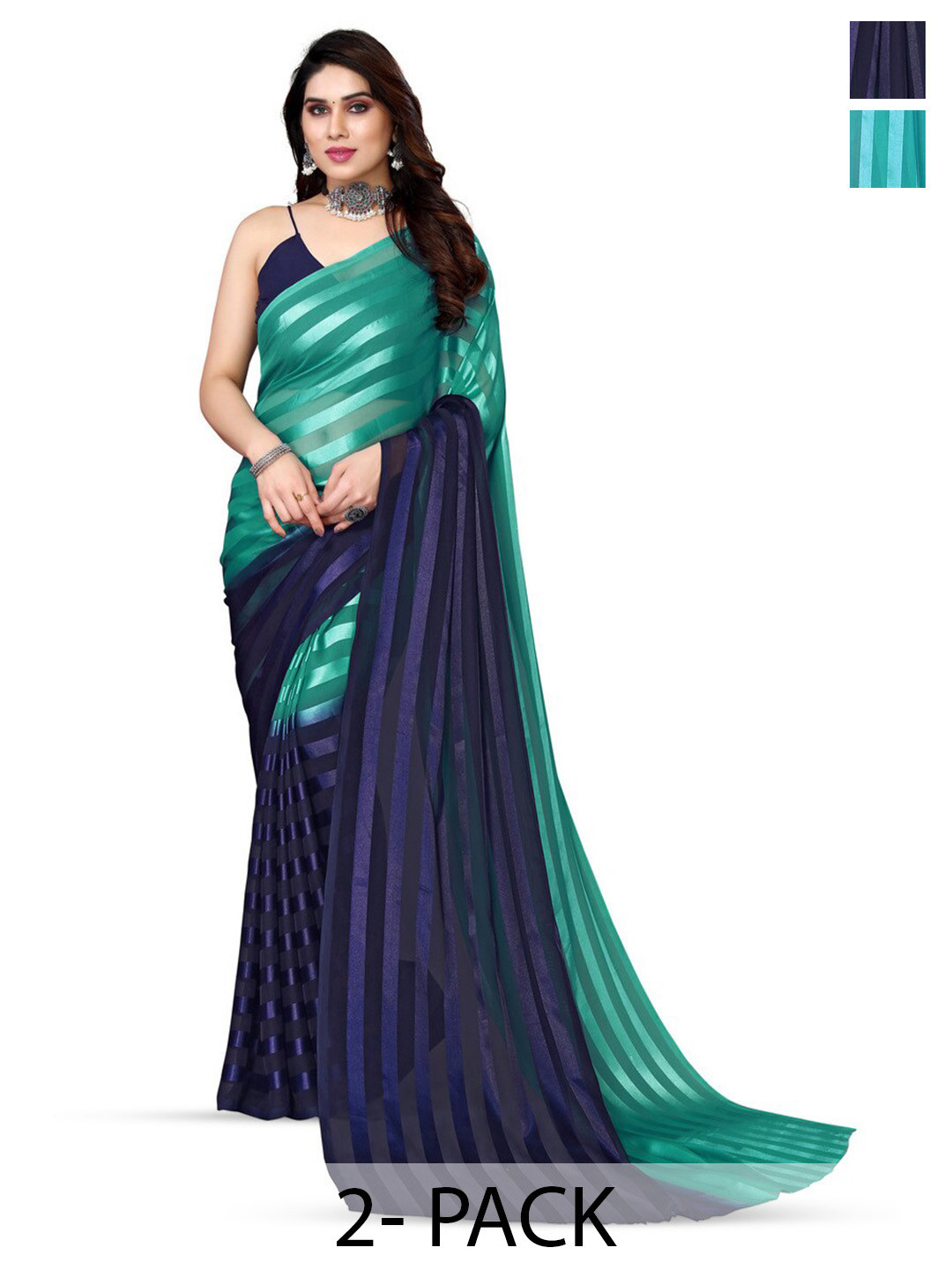 

Moda Rapido Set of 2 Striped Printed Satin Sarees, Blue