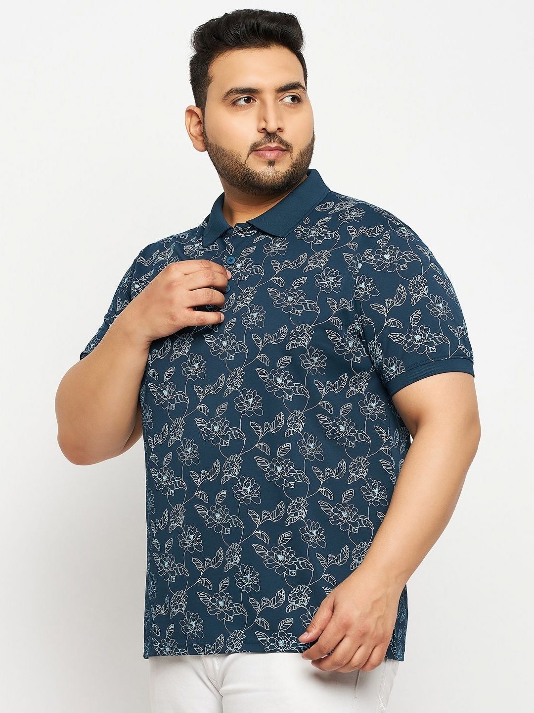 

AUXAMIS Men Plus Size Floral Printed Polo Collar Cotton T-shirt, Teal