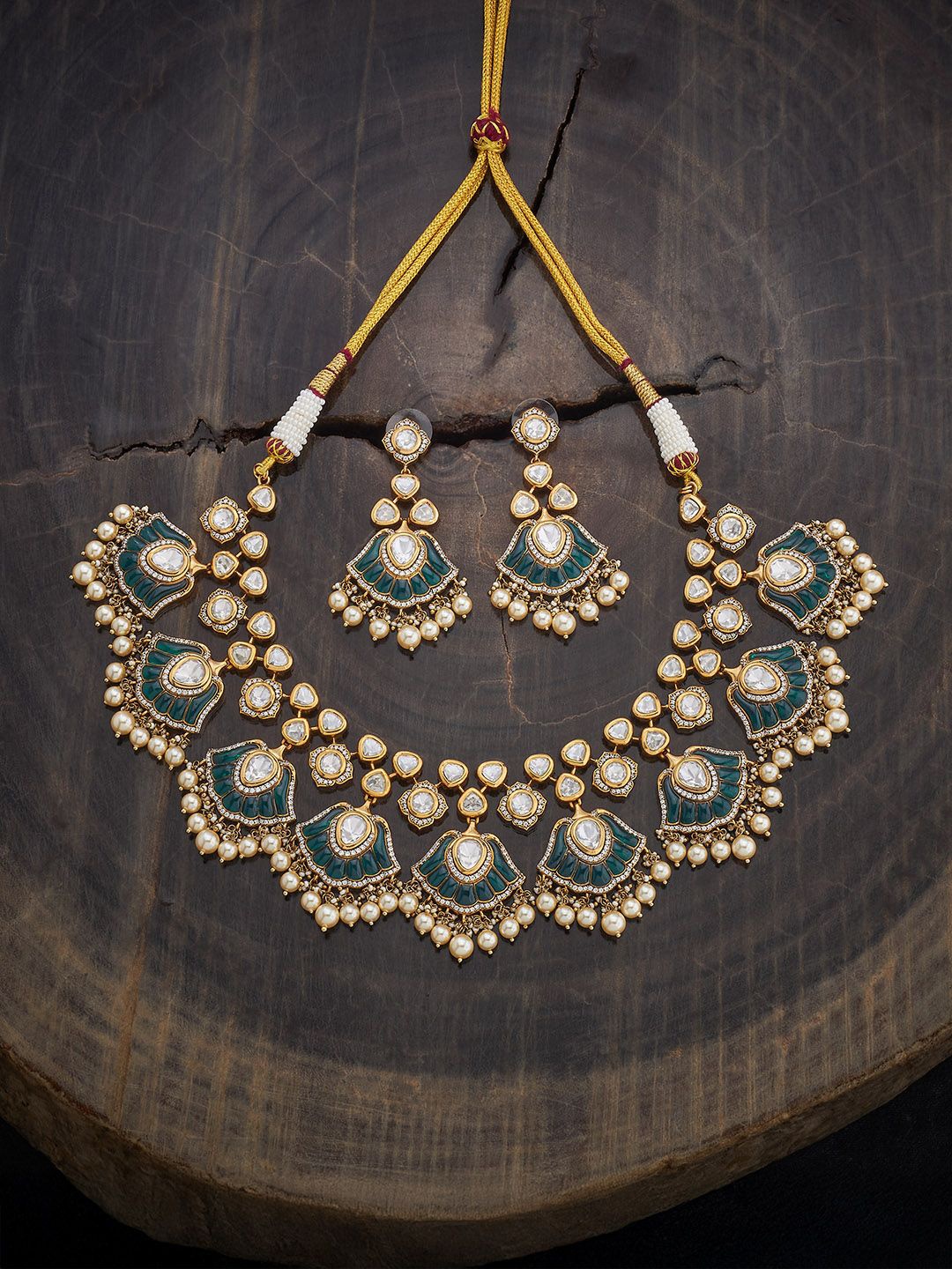 

Kushal's Fashion Jewellery Copper Green Victorian-Plated Stone Studded Kundan Necklace, Gold