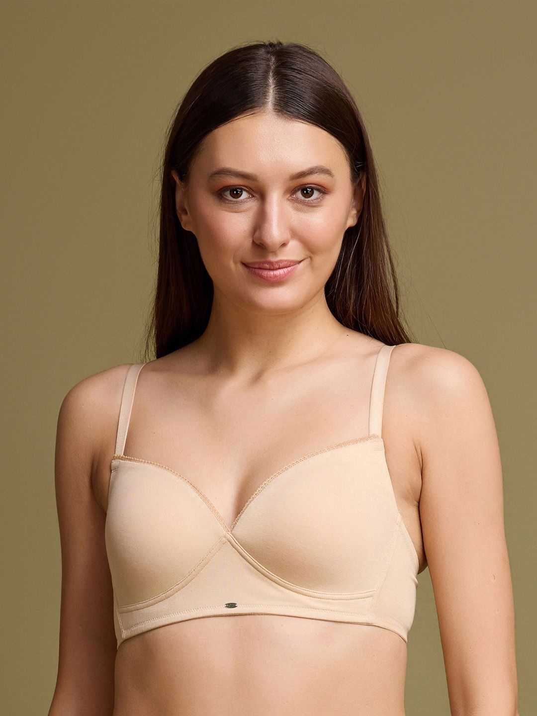 

Soie Women Lightly Padded Non-wired Full Coverage Cotton T-shirt Bra with Lace Trim, Nude