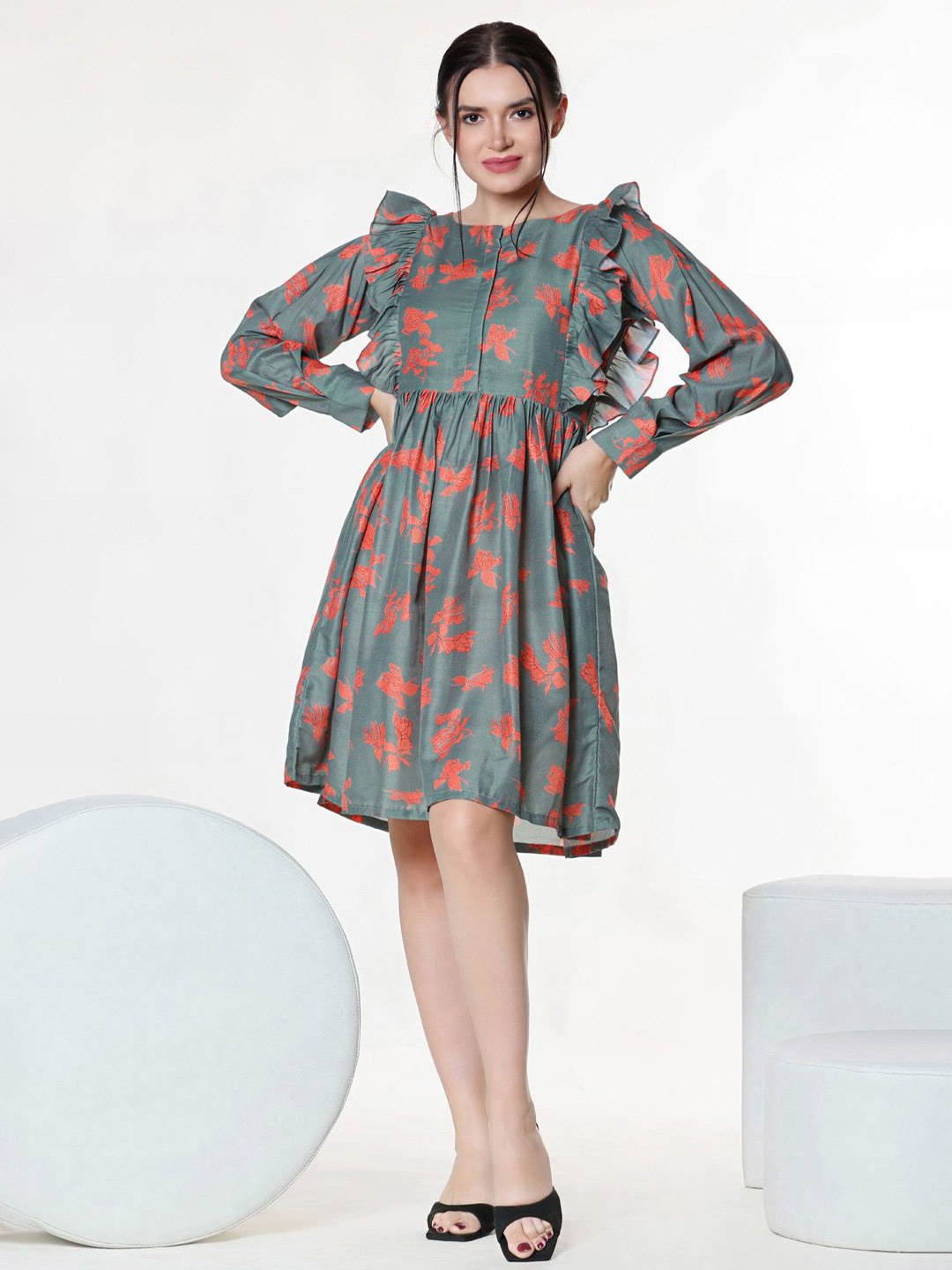 

aaRVee STUDIO Floral Print Ruffled Fit & Flare Dress, Grey