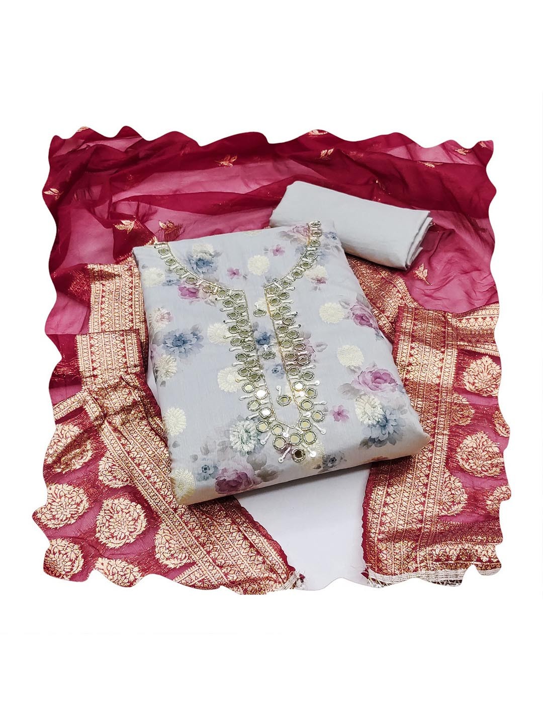 

NEGRONI Floral Woven Design Organza Mirror Work Unstitched Dress Material, Grey