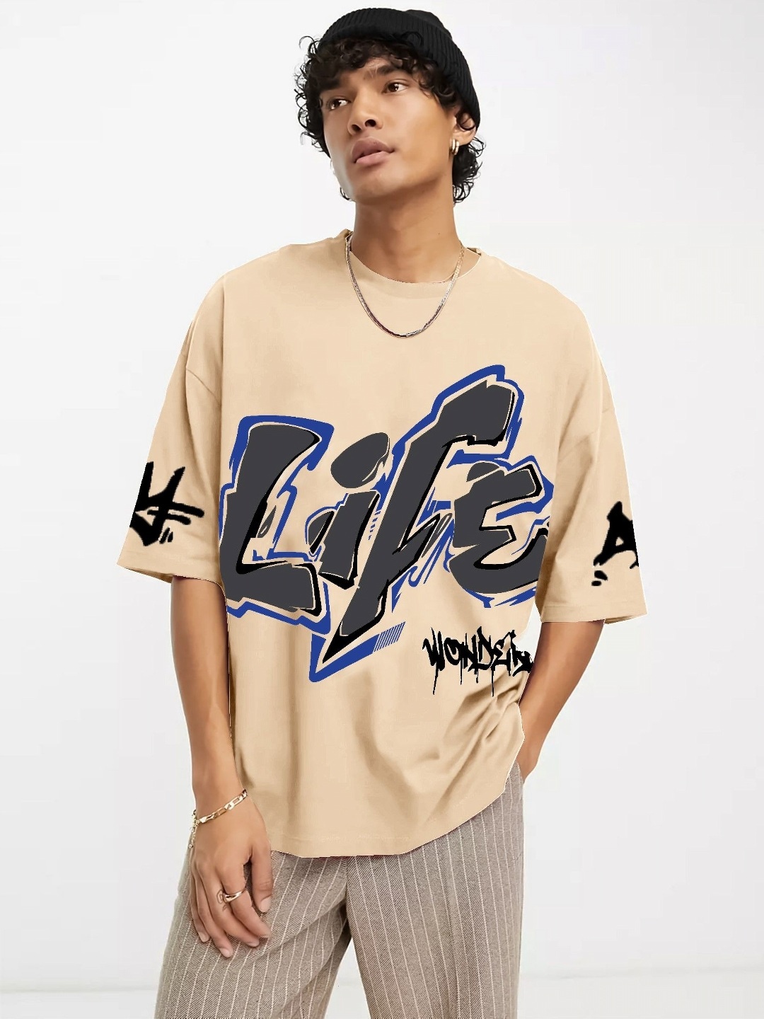 

JUMPCUTS Men Graphic Printed Round Neck Cotton T-shirt, Beige