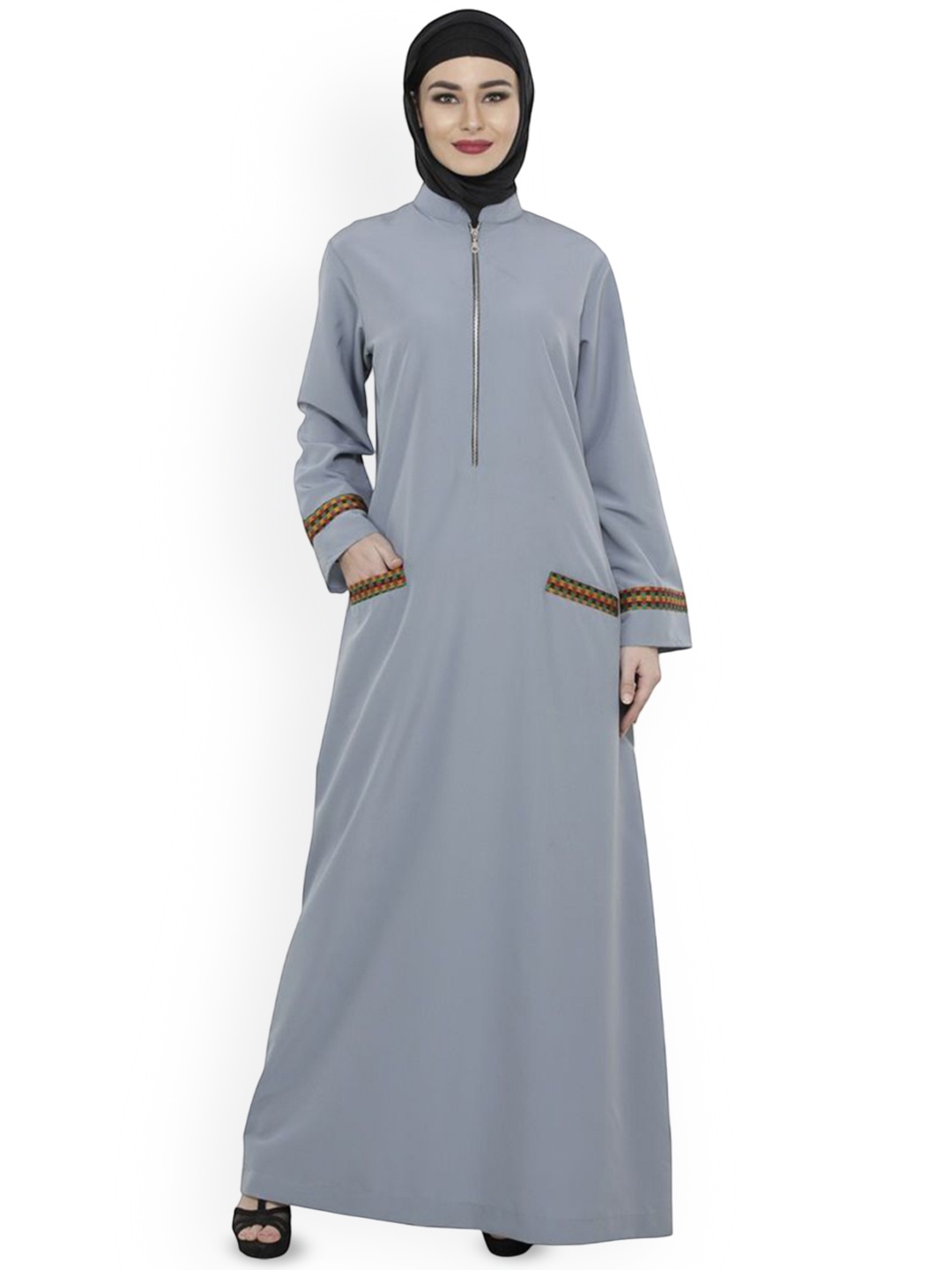 

MOMIN LIBAS Mandarin Collar Neck Zip Pocket Abaya, Grey