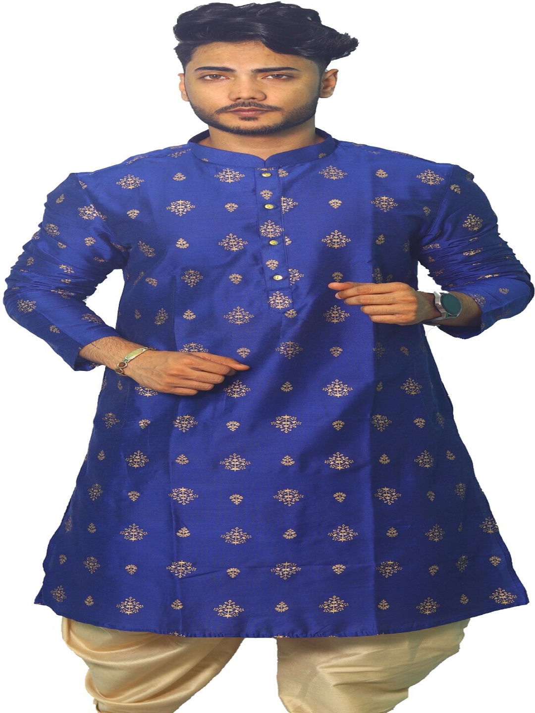 

House of Aqss Ethnic Motifs Printed Mandarin Collar Straight Kurta With Dhoti Pants, Blue