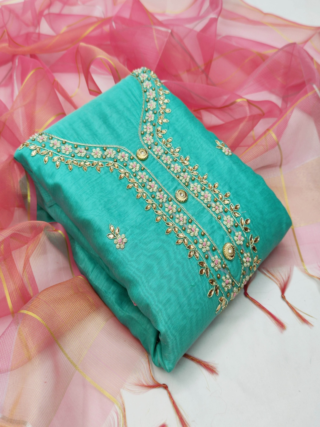 

HERE&NOW Floral Embellished Beads And Stones Unstitched Dress Material, Turquoise blue