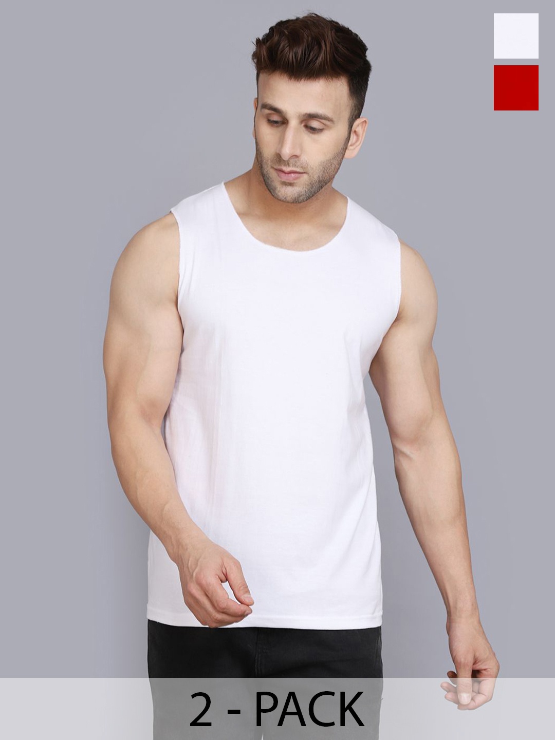 

WOOSTRO Pack Of 2 Sleeveless Gym Innerwear Vests RS26 COMBO (WHITE) (RED)