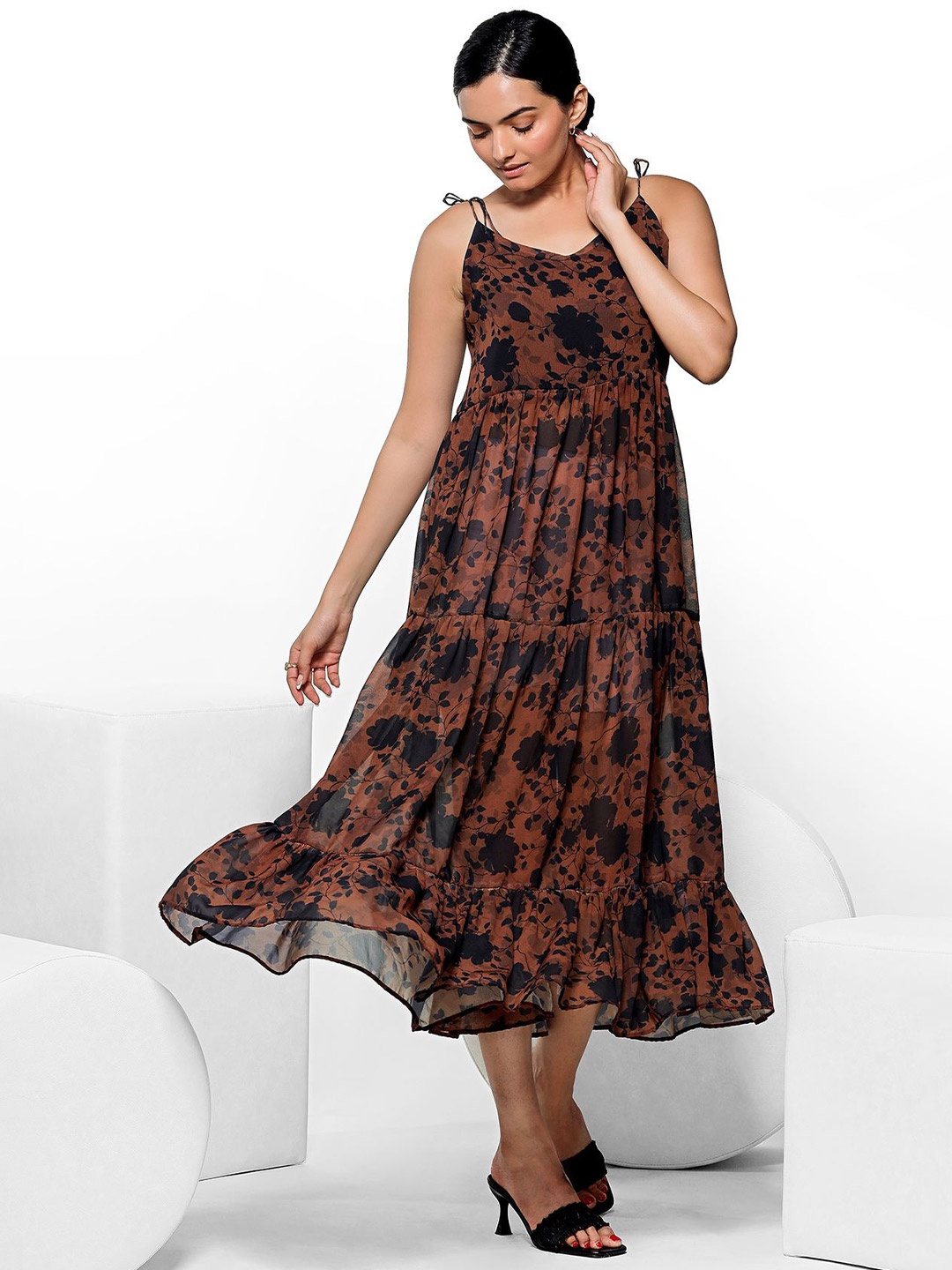 

aaRVee STUDIO Floral Print Georgette A-Line Maxi Dress, Brown