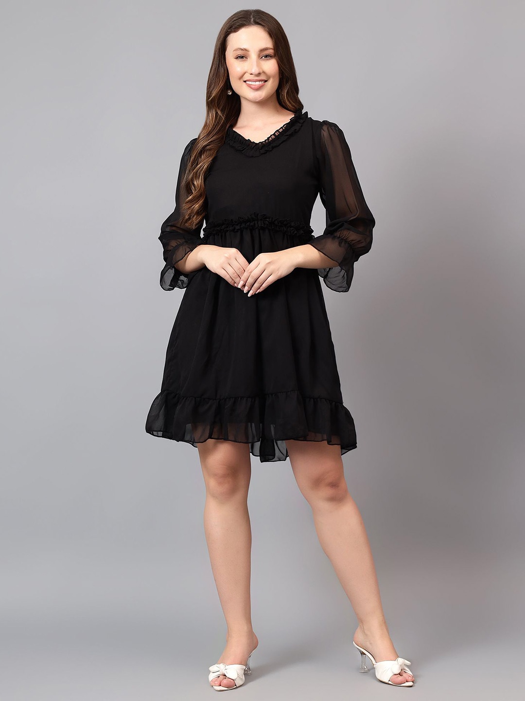 

BAESD Flared Sleeve Ruffled Georgette Fit & Flare Dress, Black