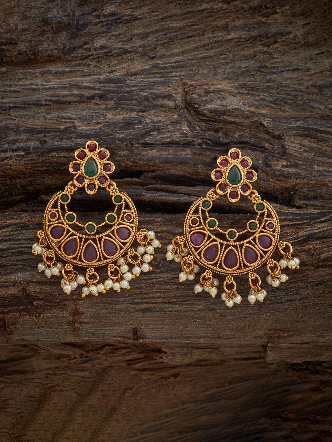 

Kushal's Fashion Jewellery Gold Plated Ruby Studded Crescent Shaped Chandbalis Earrings