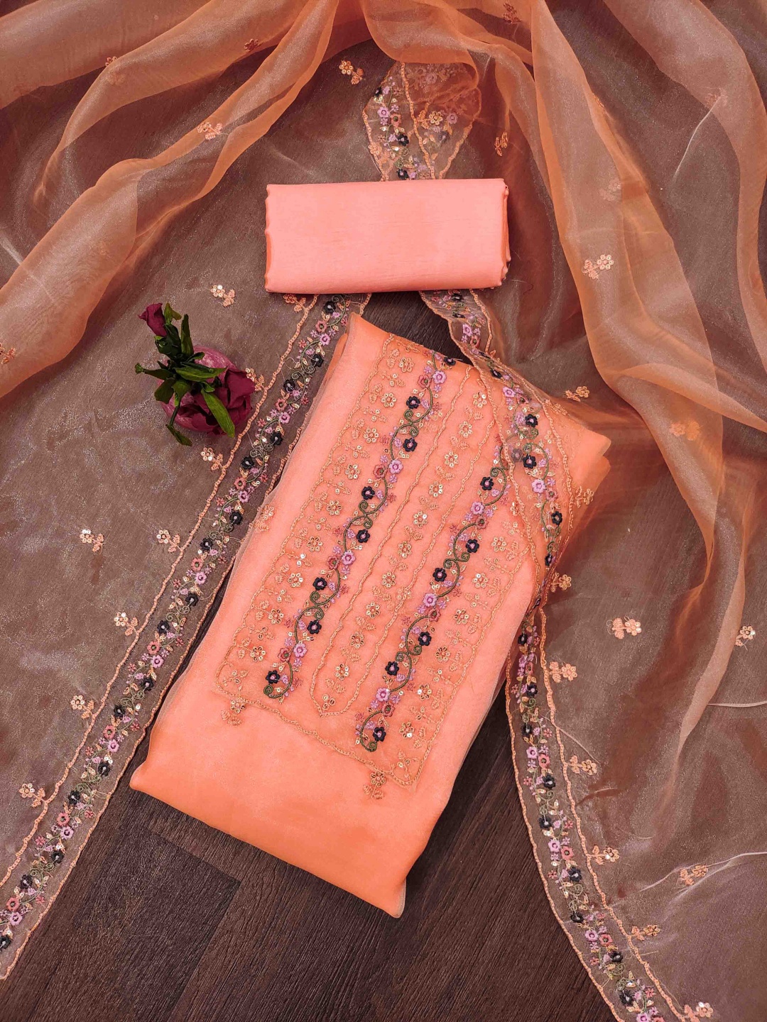 

Blissta Floral Embroidered Organza Unstitched Dress Material, Peach