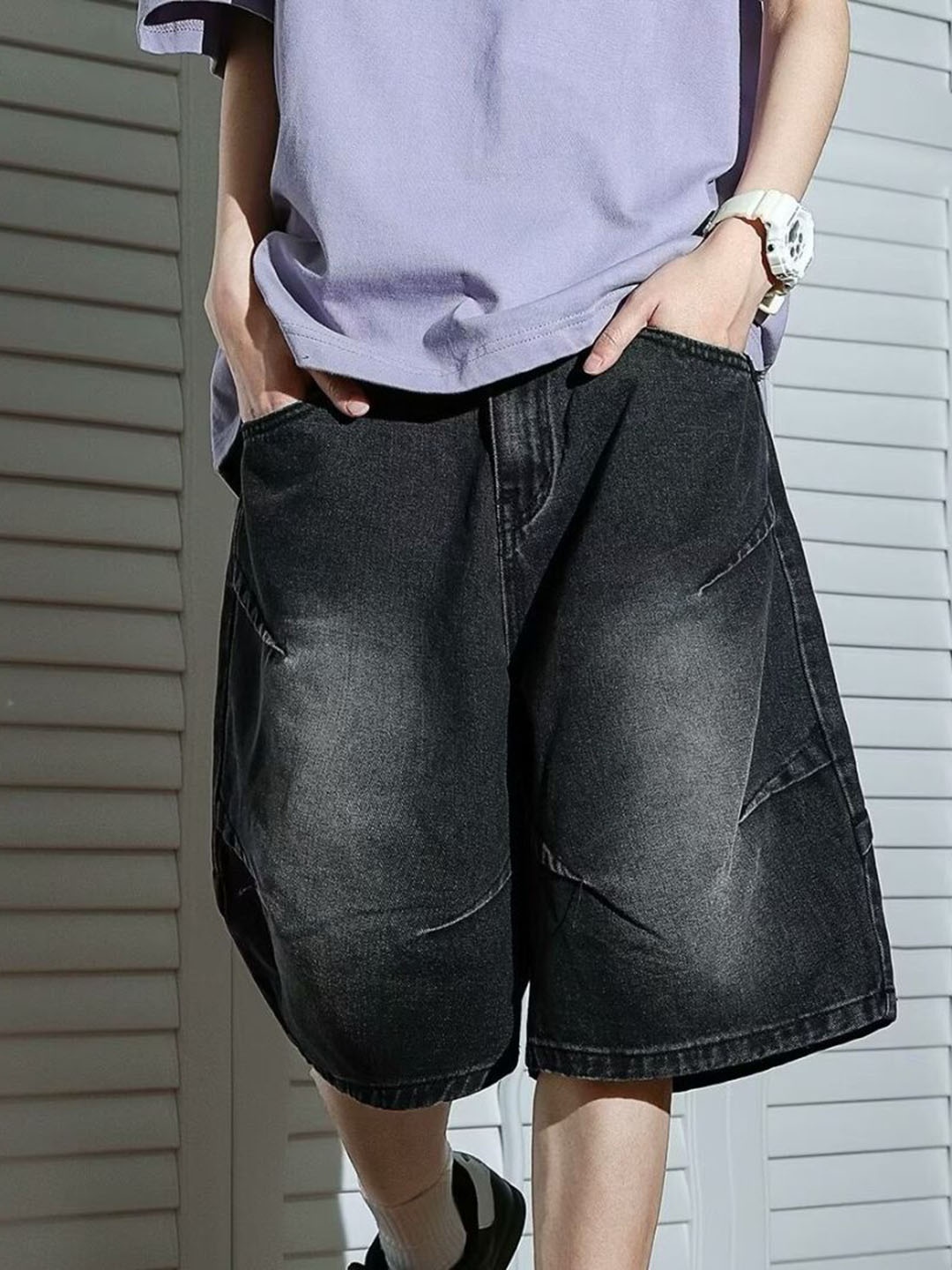 

HERE&NOW Men Loose Fit Modal Denim Shorts, Black