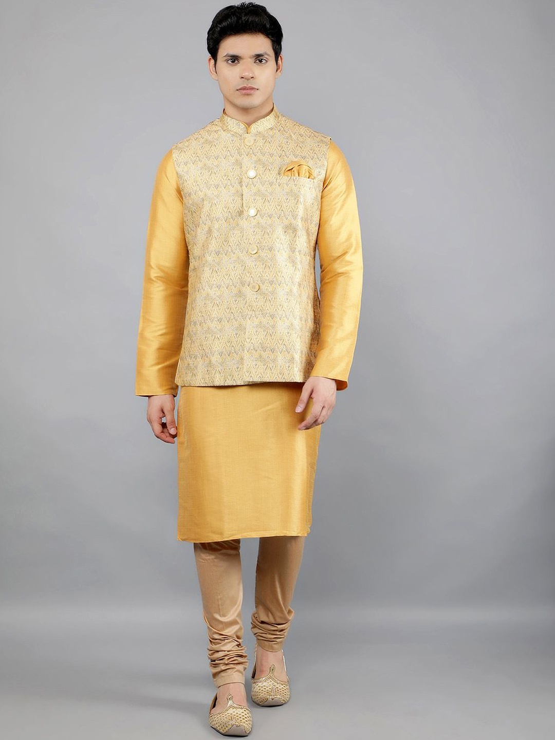 

Manish Creations Mandarin Collar Straight Kurta With Churidar And Nehru Jacket, Yellow