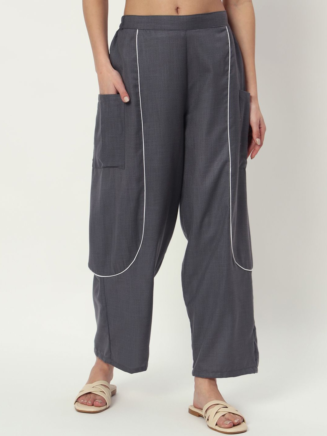 

9rasa Women Cotton Straight Palazzos, Grey