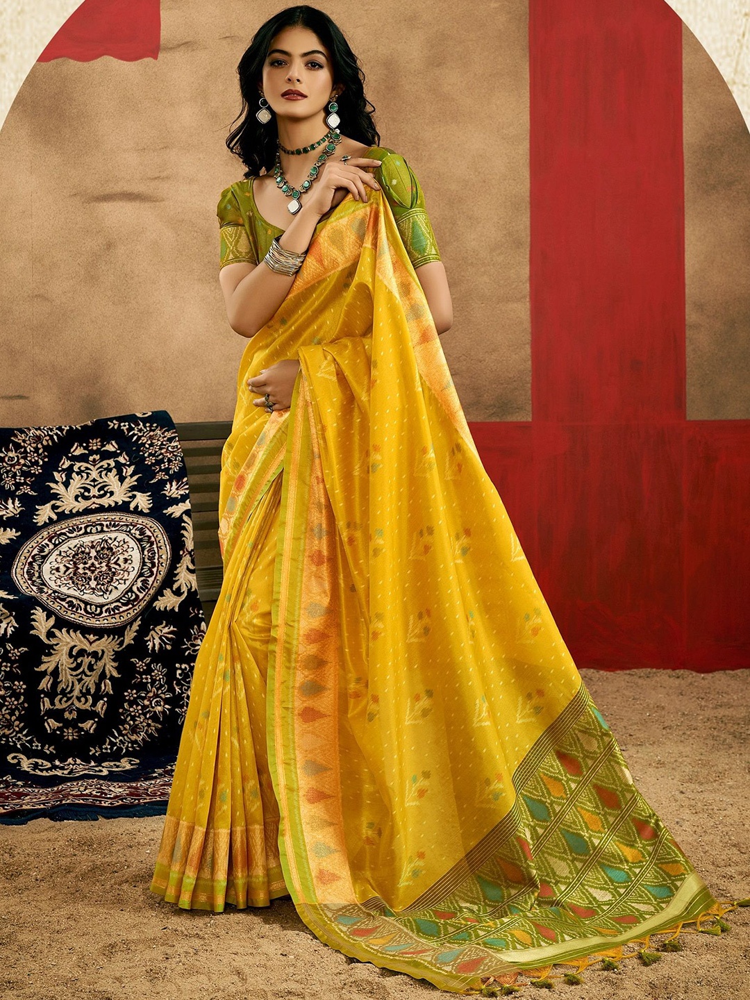 

MAHALASA Woven Design Zari Pure Silk Patola Saree, Yellow