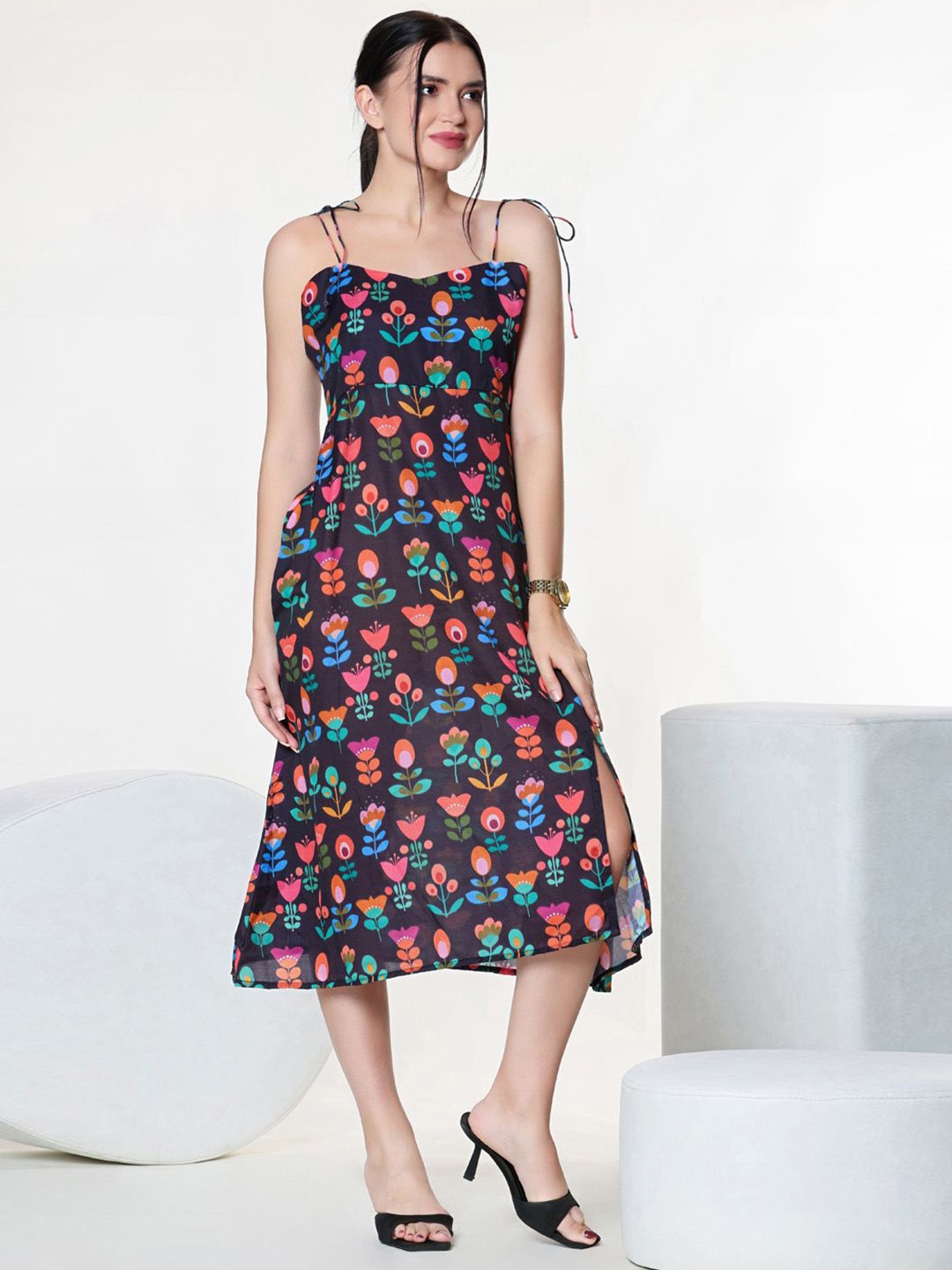 

aaRVee STUDIO Women Floral Printed A-Line Midi Dress, Black