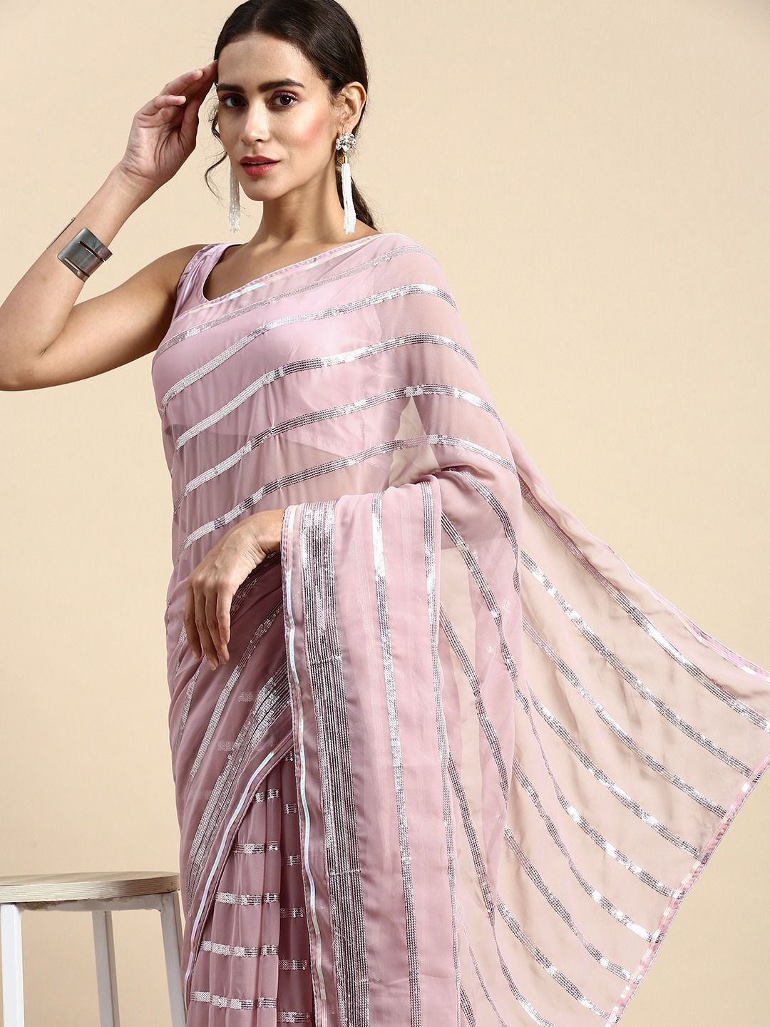 

HERE&NOW Striped Embellished Sequinned Saree, Mauve